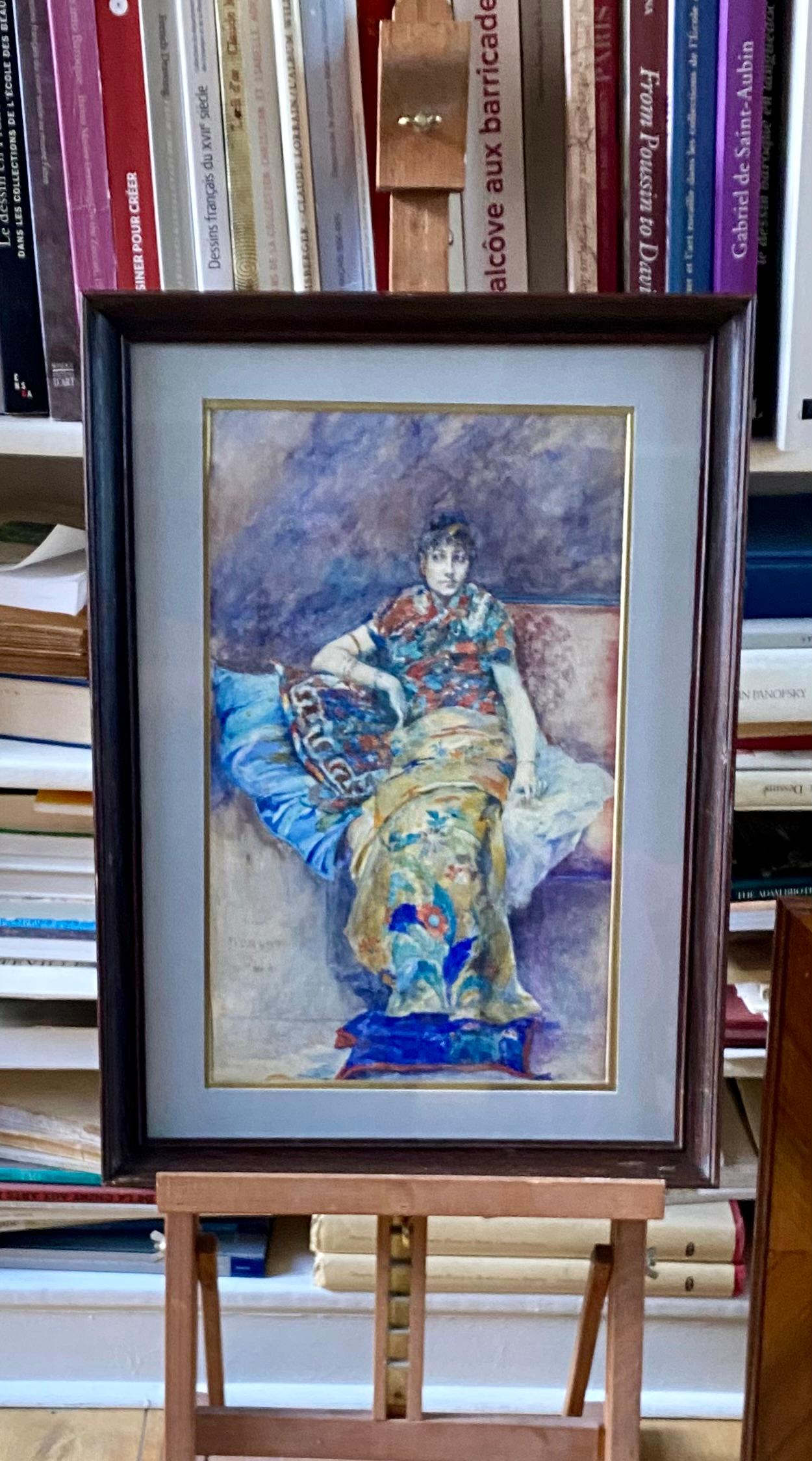 Woman in japonist dress seated on a sofa - Symbolist Art by Henri Courselles-Dumont
