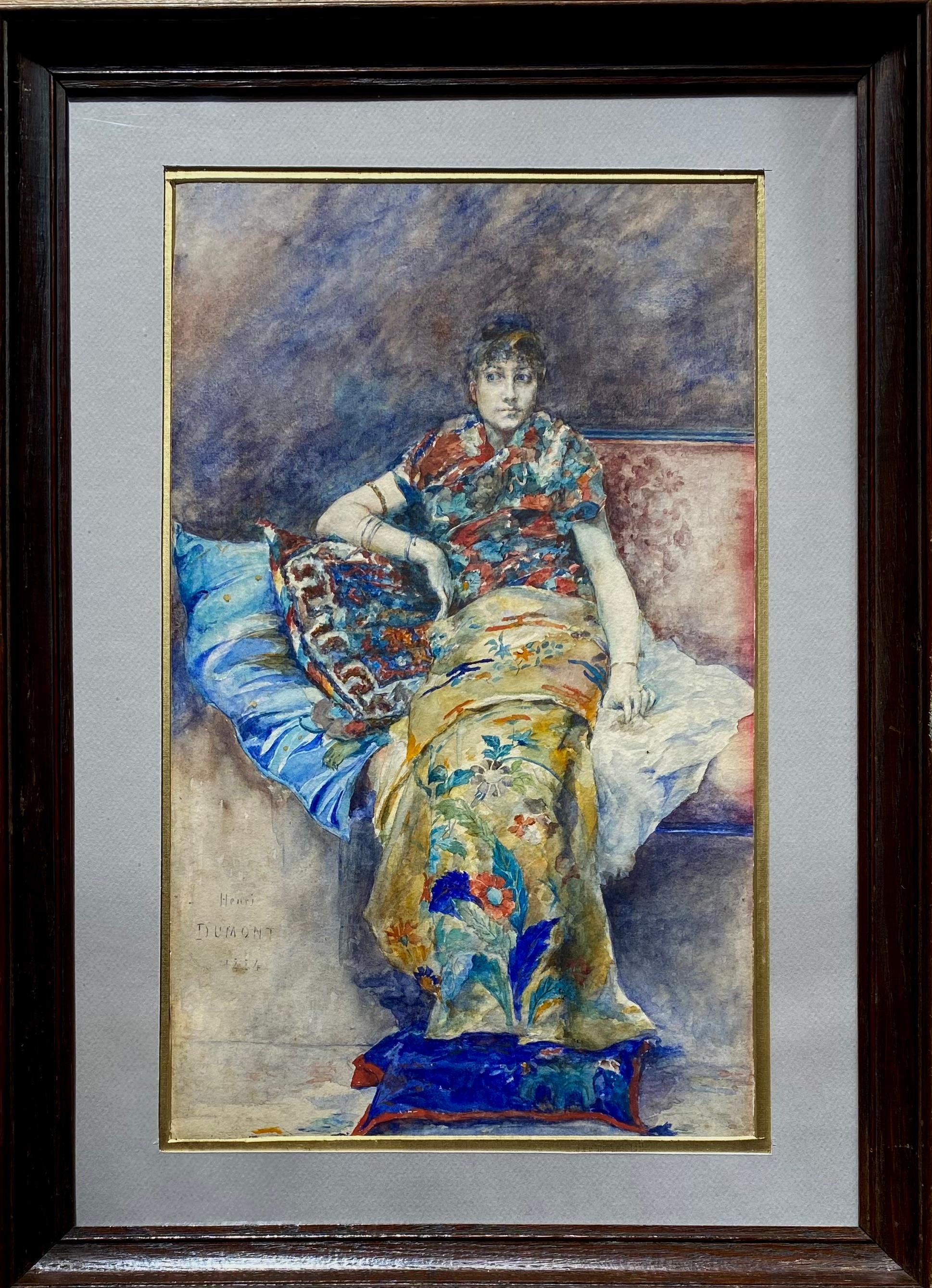Henri Courselles-Dumont Portrait – Woman in japonist dress seated on a sofa