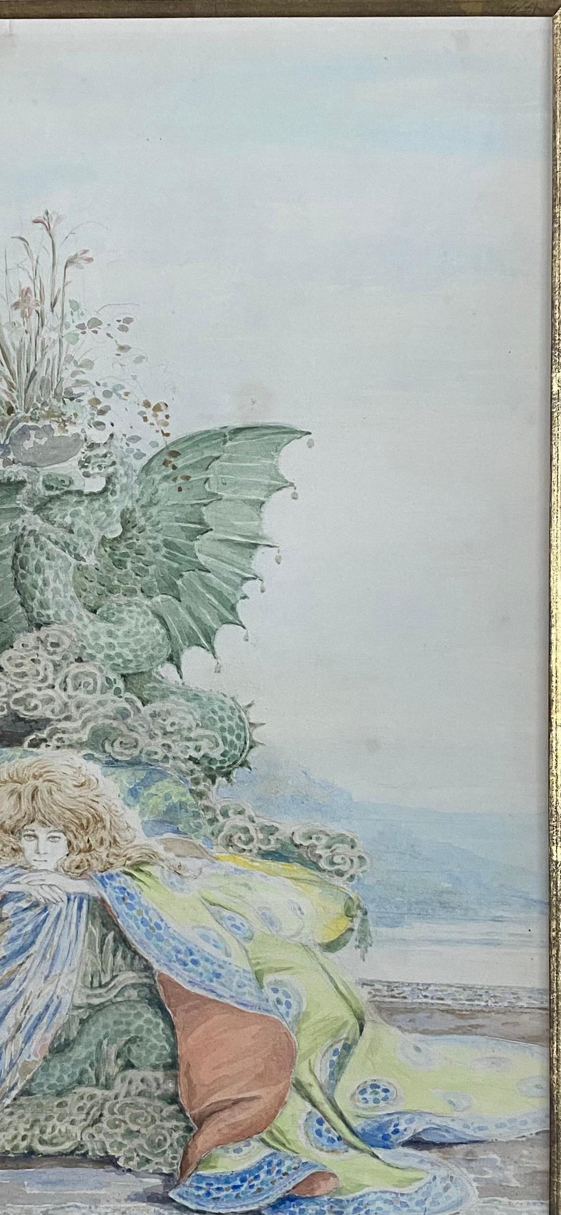 Adolfo De Herra, Donna con drago intorno al 1900, acquerello simbolico - Art Simbolismo di Adolfo de Herra