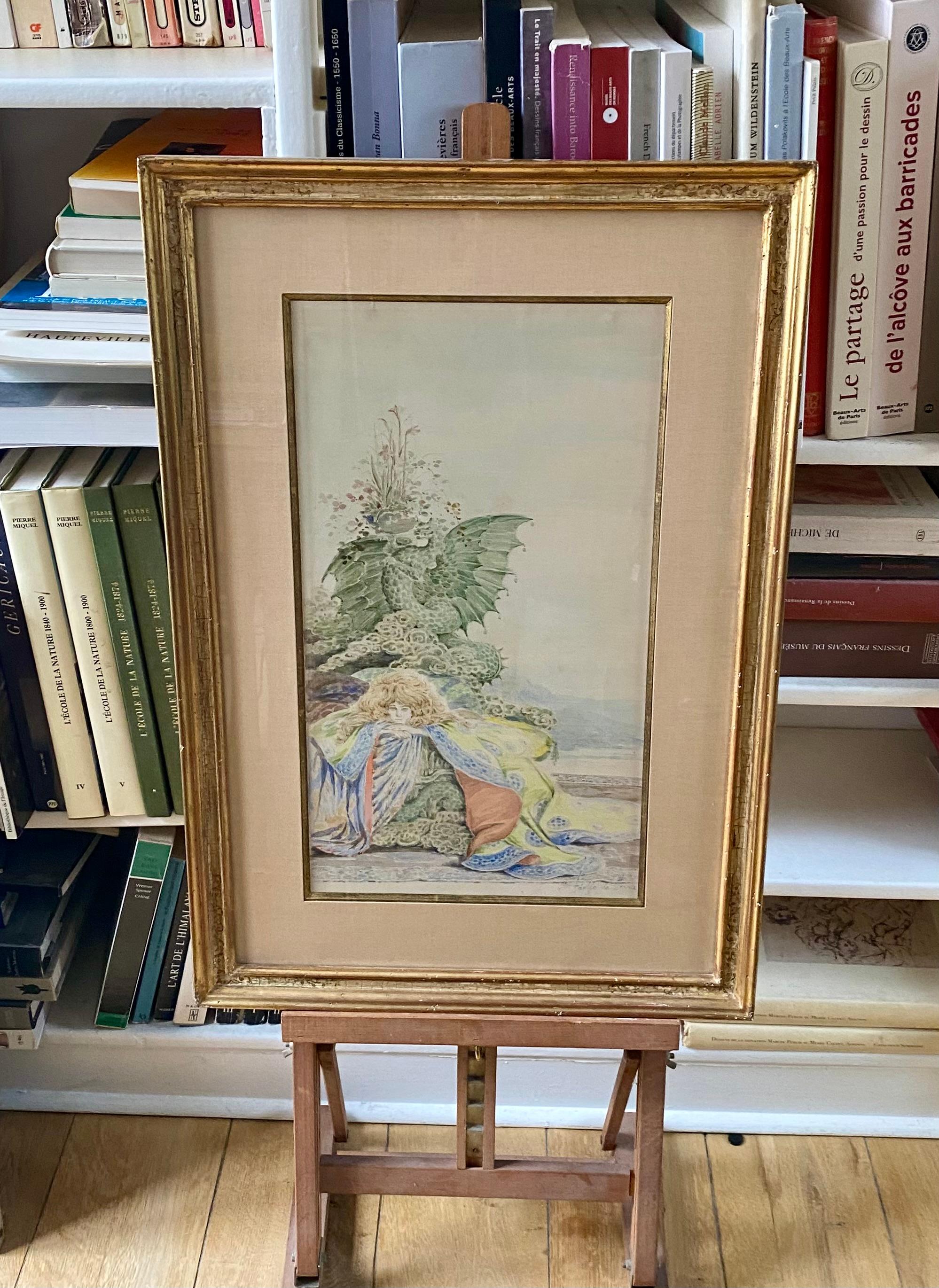 Adolfo De Herra, Woman With Dragon Around 1900, Watercolor Symbolism For Sale 3