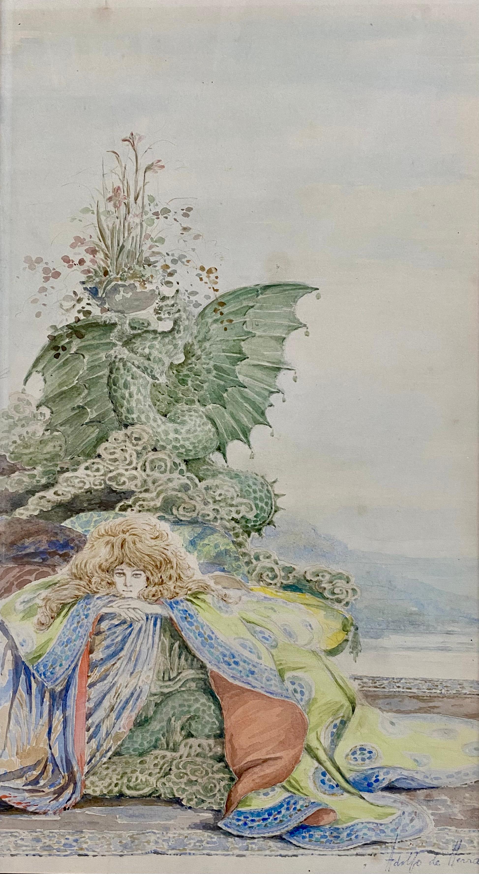 Adolfo De Herra, Woman With Dragon Around 1900, Watercolor Symbolism - Art by Adolfo de Herra