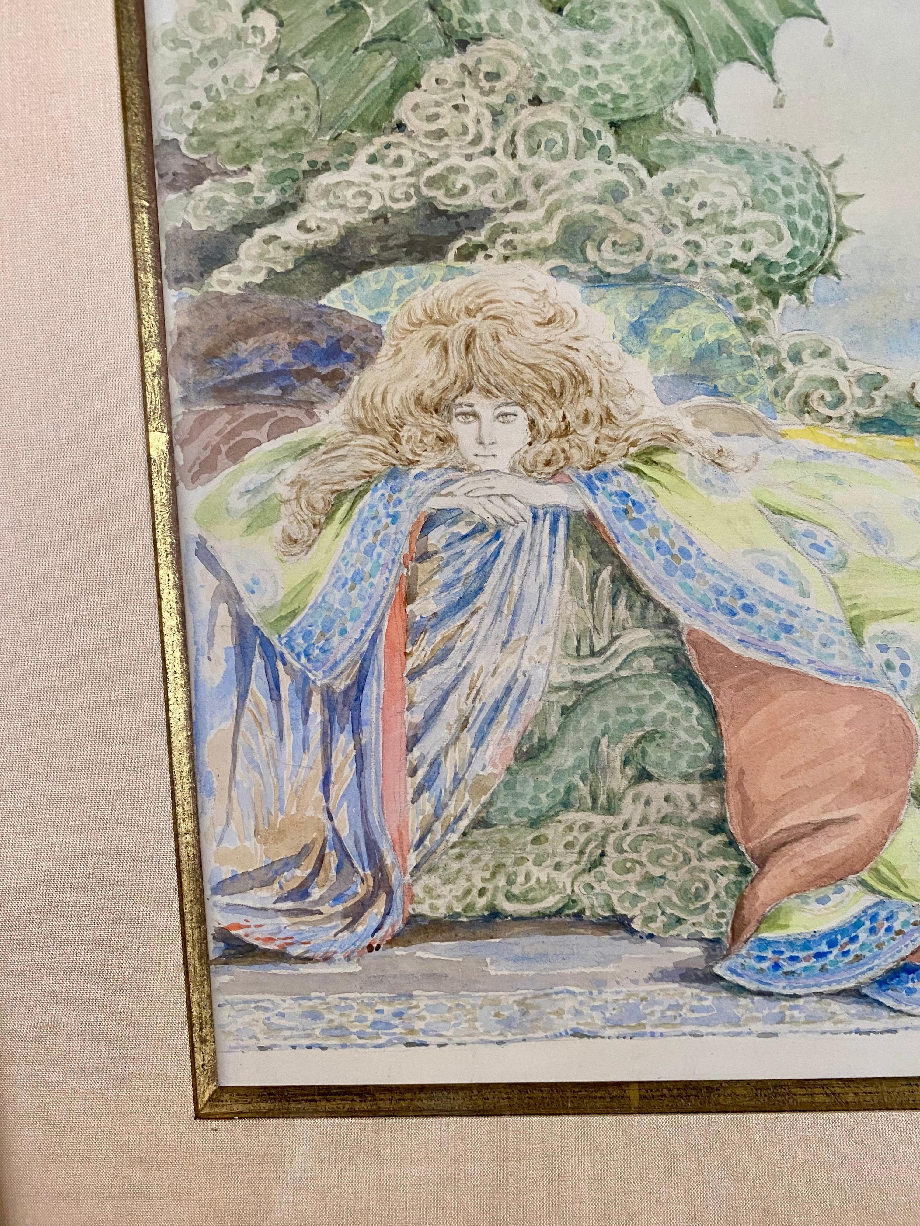 Adolfo De Herra, Woman With Dragon Around 1900, Watercolor Symbolism For Sale 1