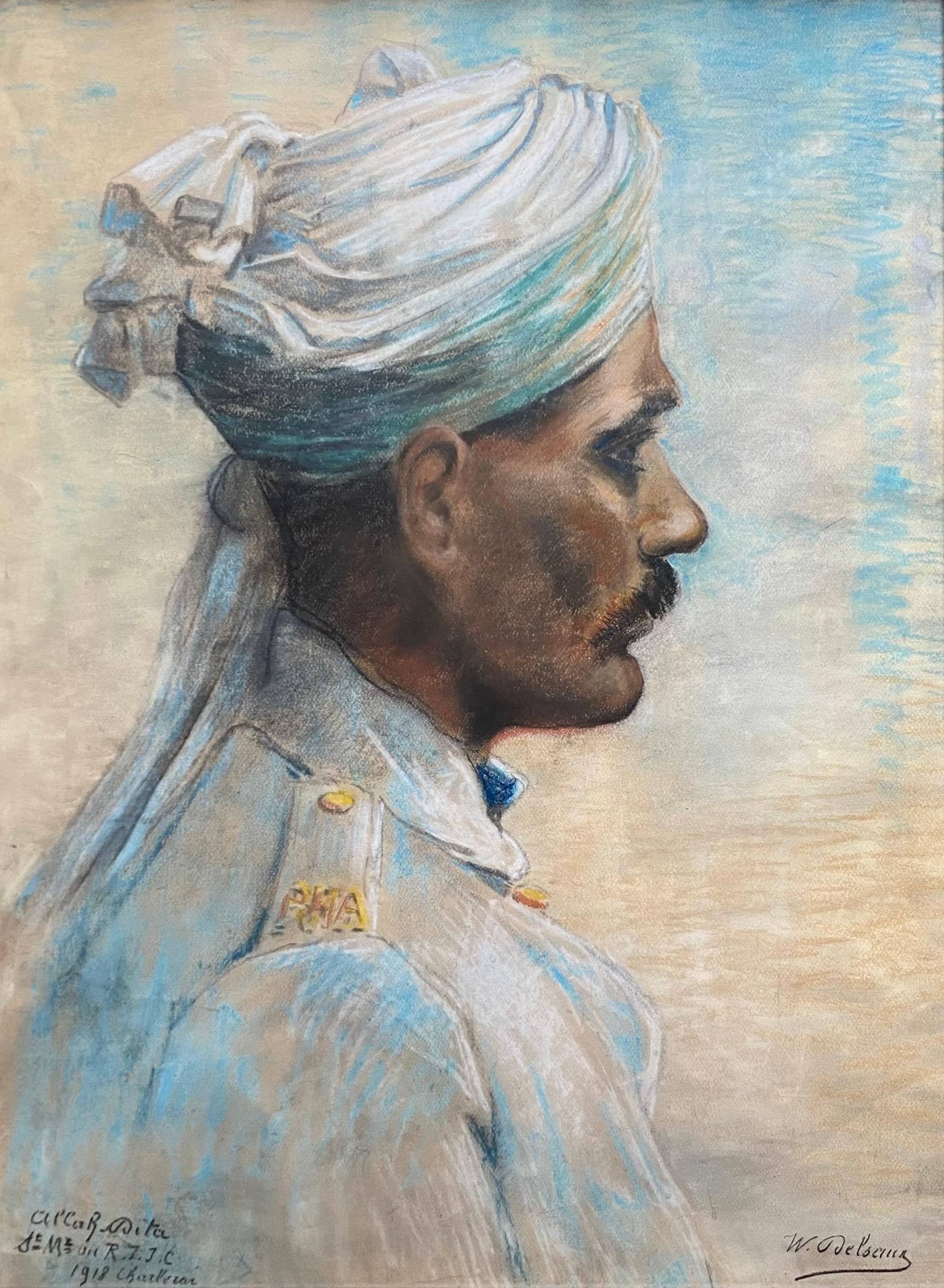 Porträt eines indischen Soldaten, signiert, groß, pastellfarben – Art von Willem Delsaux