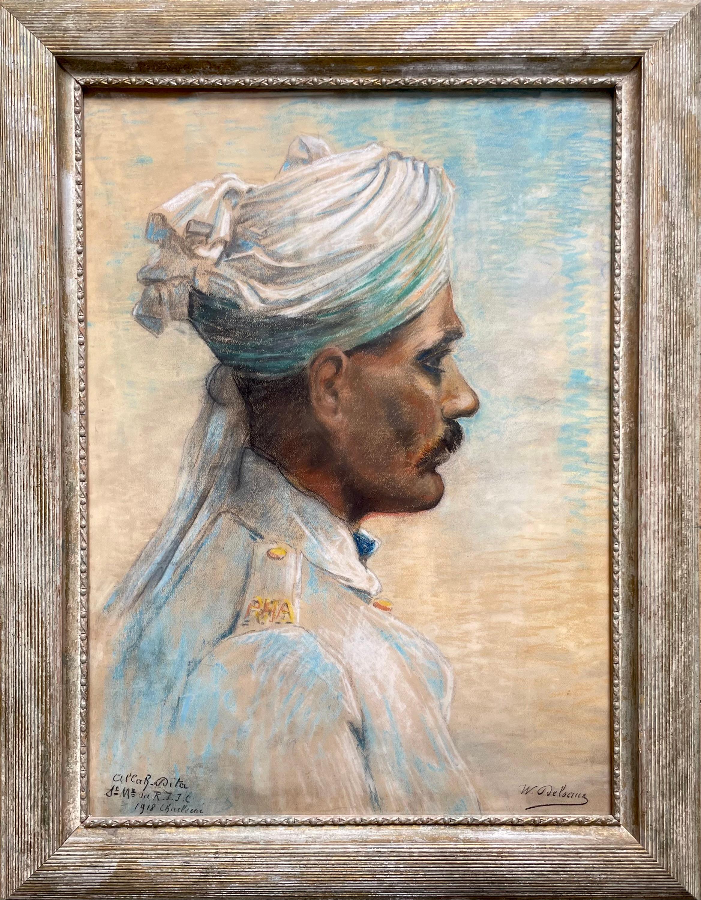 Retrato De Un Soldado Indio, Firmado, Pastel Grande