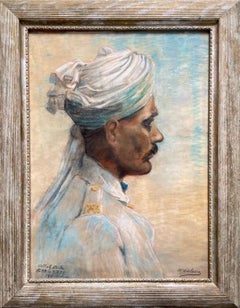 Retrato De Un Soldado Indio, Firmado, Pastel Grande