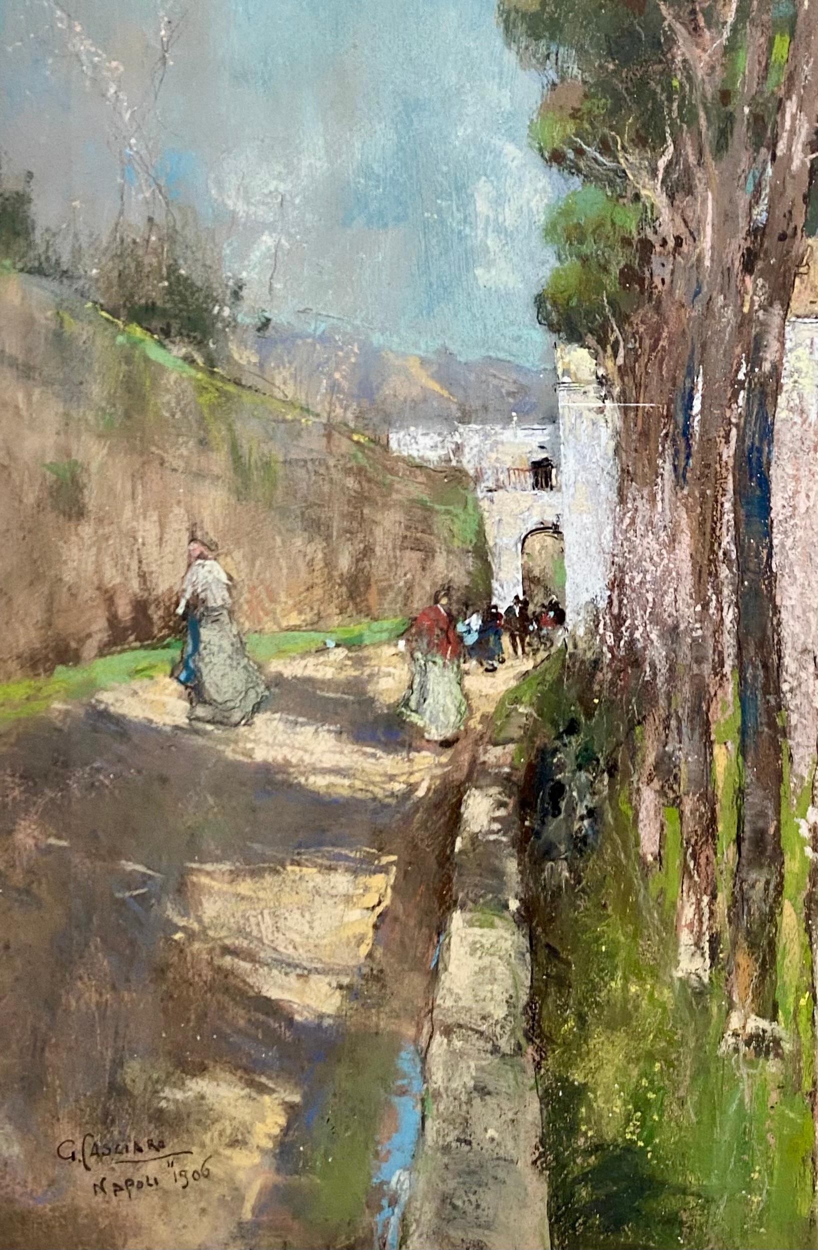 Eine Straße in Neapel, große Pastellfarbe (Grau), Landscape Art, von Giuseppe Casciaro