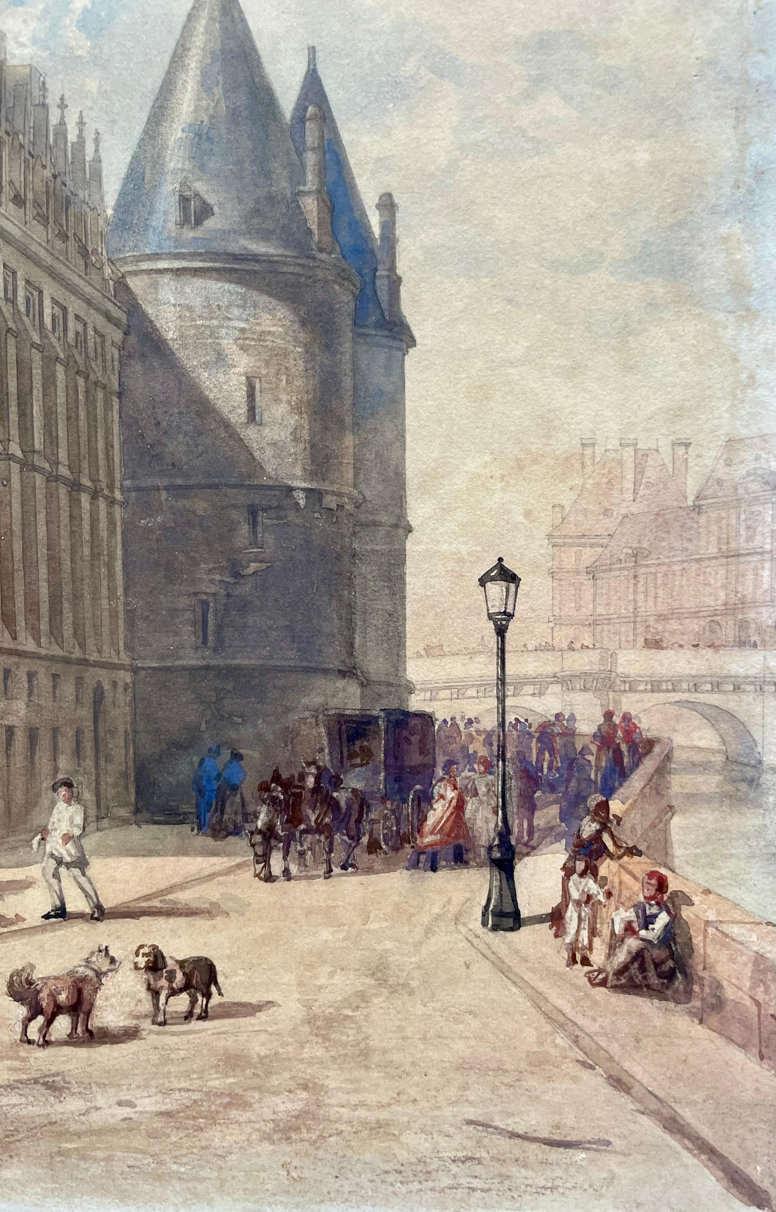 View of Pairs, The Clock Tower And The Conciergerie - Brown Landscape Art by Georges - François Guiaud