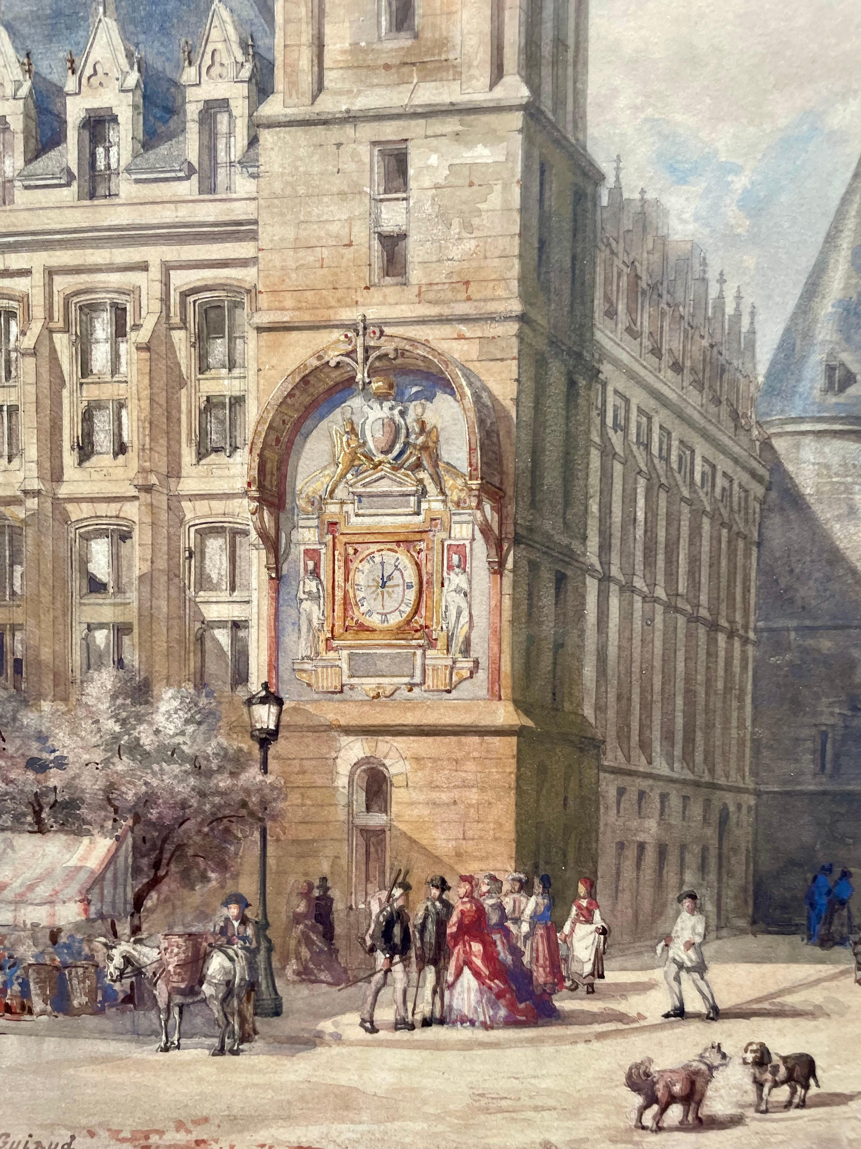 Geroges-Grançois Guiaud
Paris 1840 - 1887

The clock tower and the Conciergerie in Paris
Around 1870
Watercolor
Signed lower left
54 x 34 cm sheet
66 x 47 cm frame
Frame from the Napoleon III period
We note some traces of foxing on the right