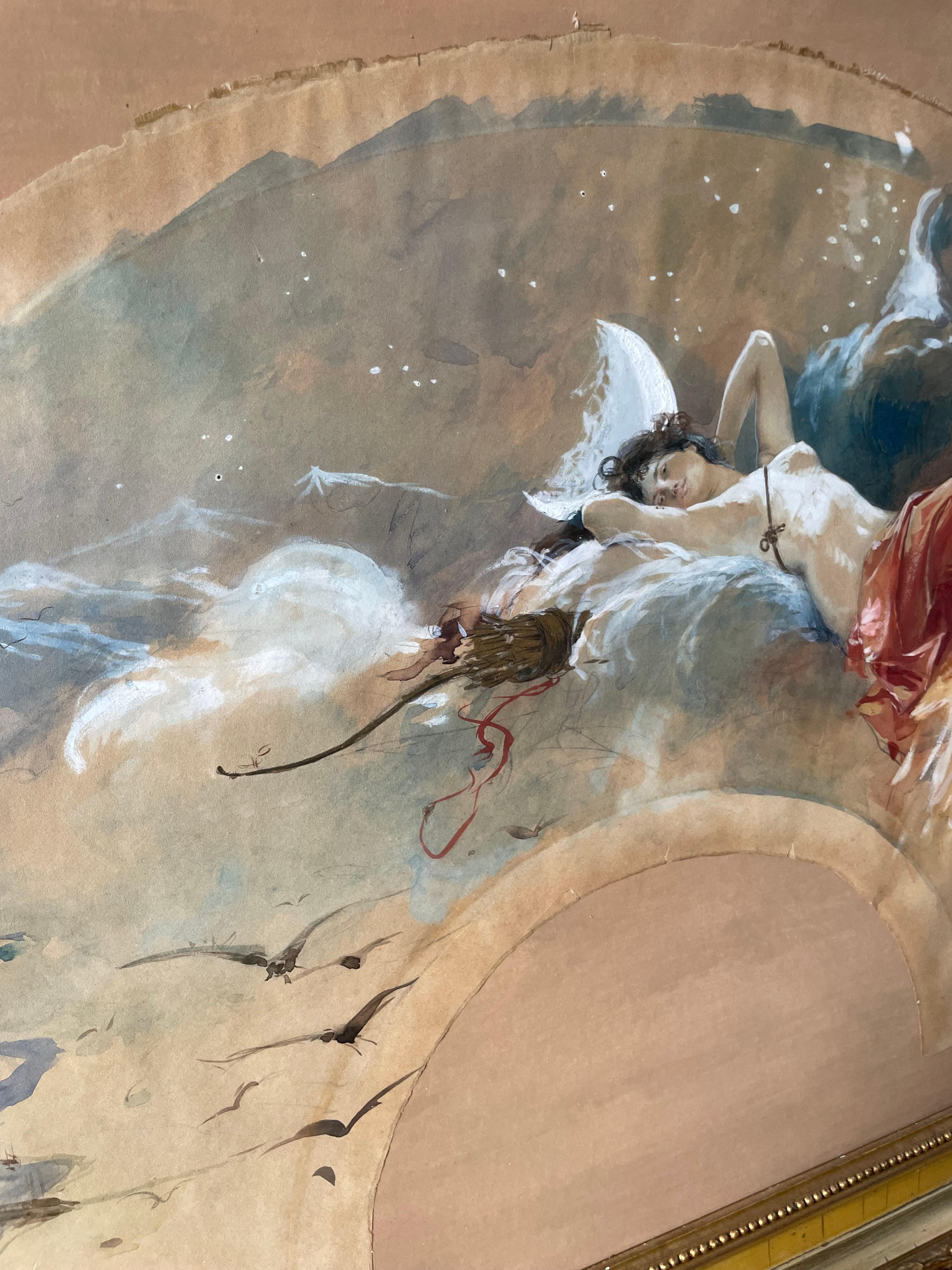 Hand Fan Project With The Goddess Diana The Huntress floating in the clouds For Sale 7
