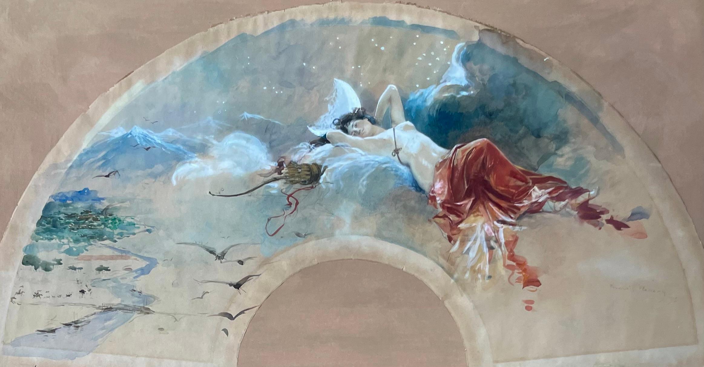 Hand Fan Project With The Goddess Diana The Huntress floating in the clouds - Art by François Flameng