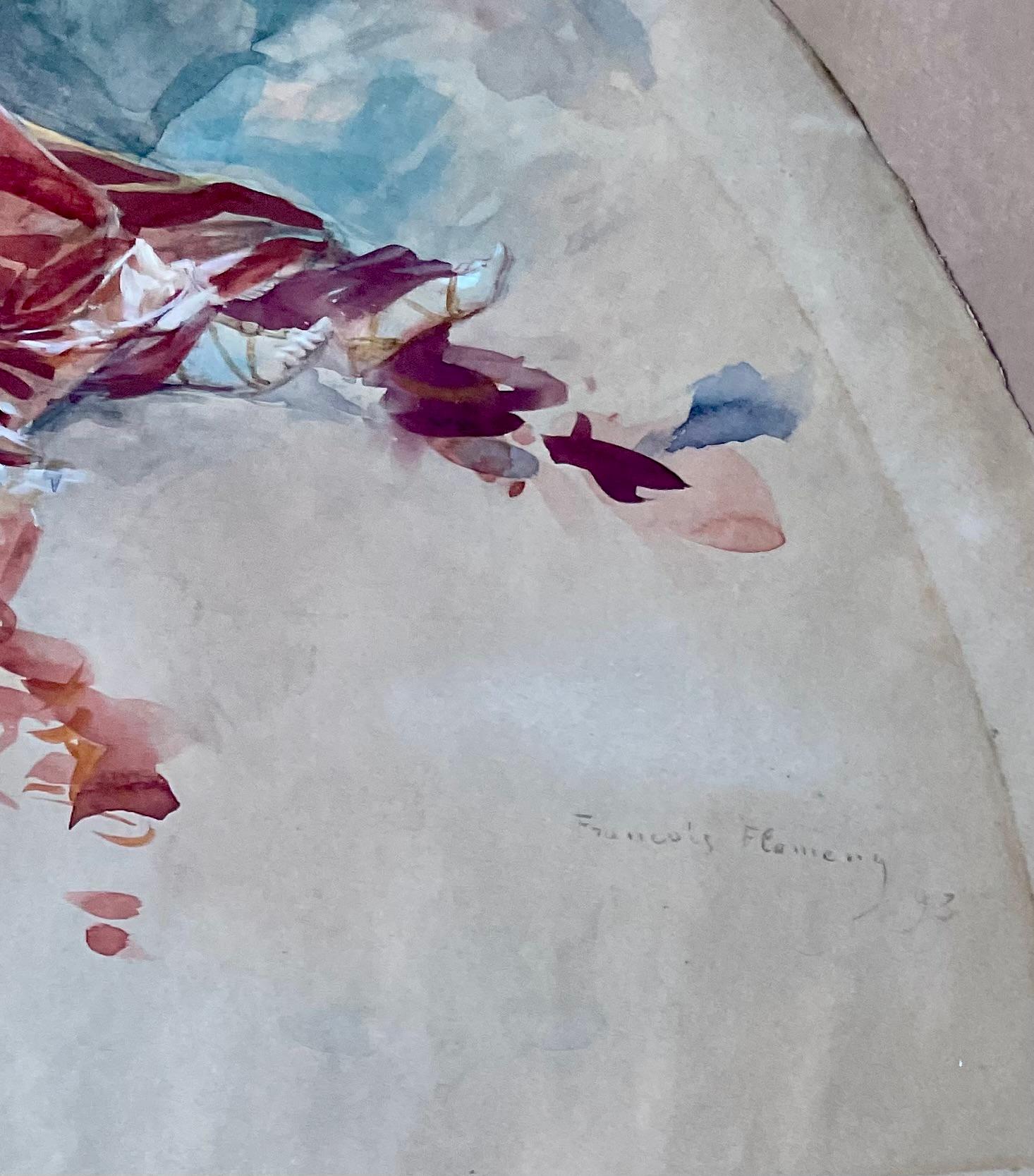 Hand Fan Project With The Goddess Diana The Huntress floating in the clouds - French School Art by François Flameng