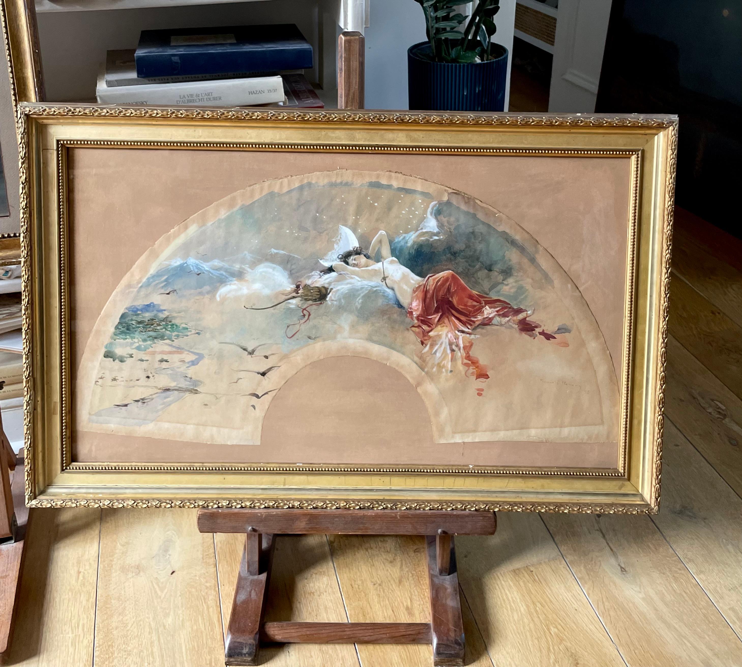 Hand Fan Project With The Goddess Diana The Huntress floating in the clouds - Gray Figurative Art by François Flameng