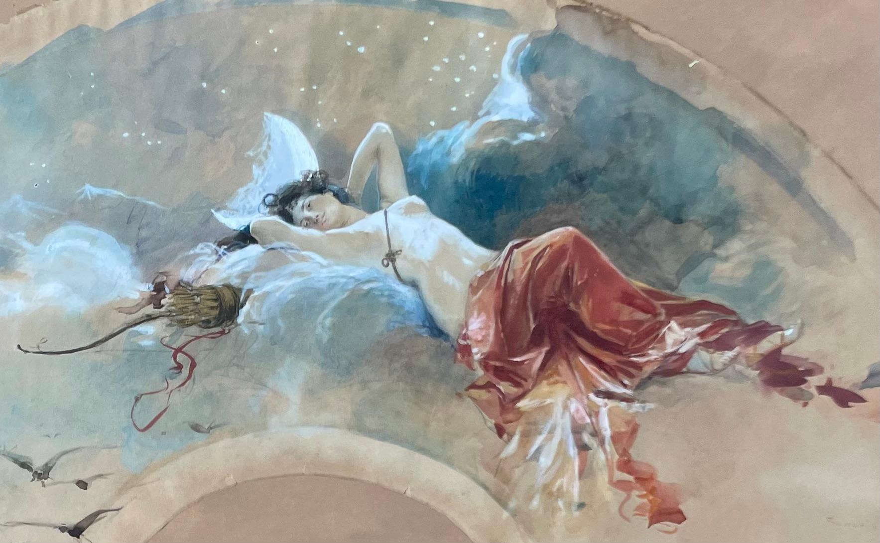 Hand Fan Project With The Goddess Diana The Huntress floating in the clouds For Sale 3