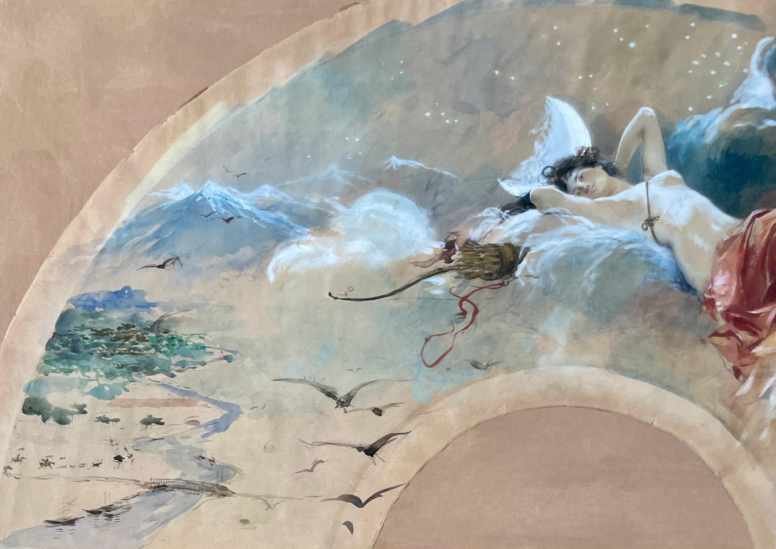Hand Fan Project With The Goddess Diana The Huntress floating in the clouds For Sale 2
