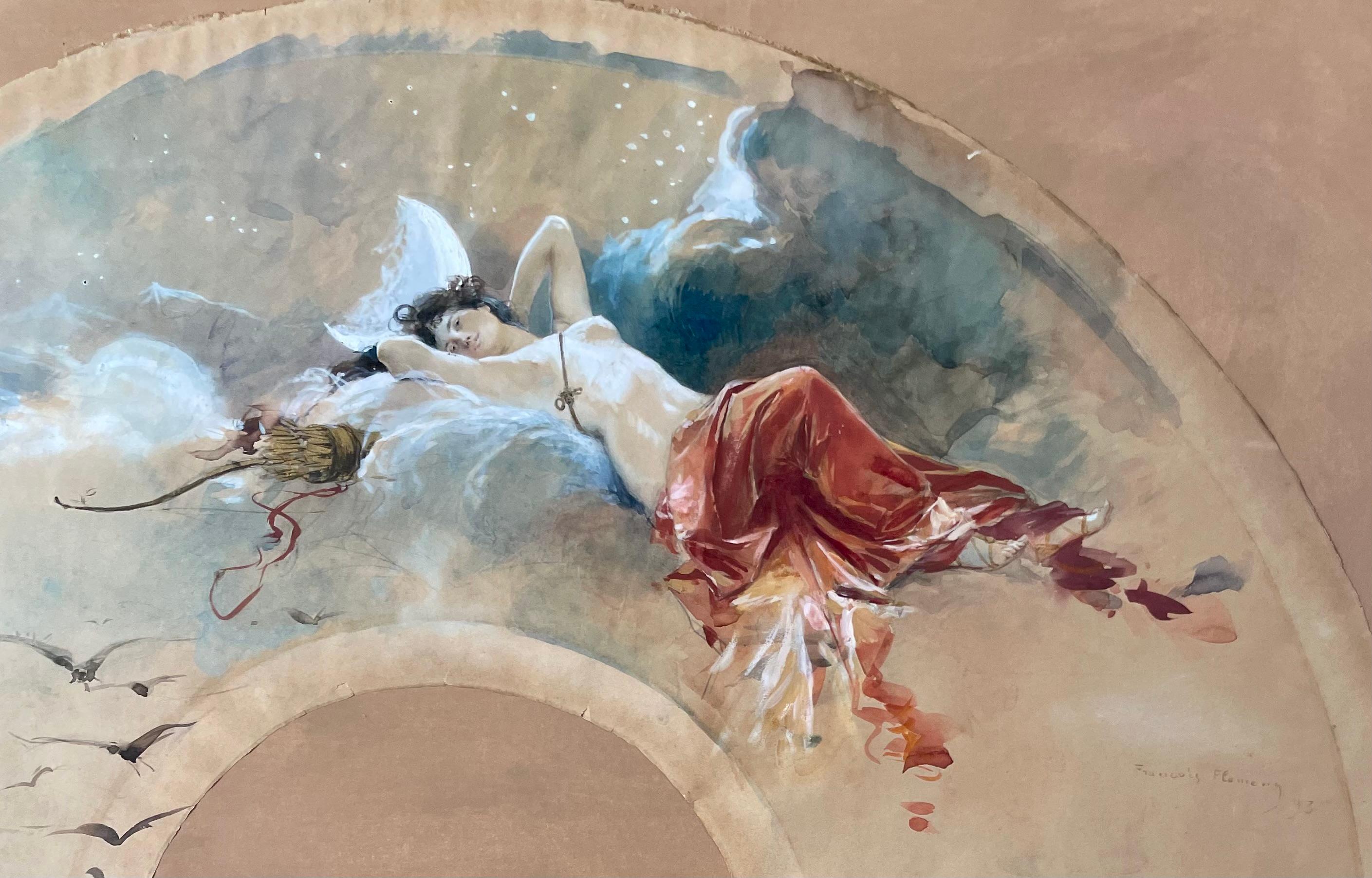 Hand Fan Project With The Goddess Diana The Huntress floating in the clouds For Sale 1