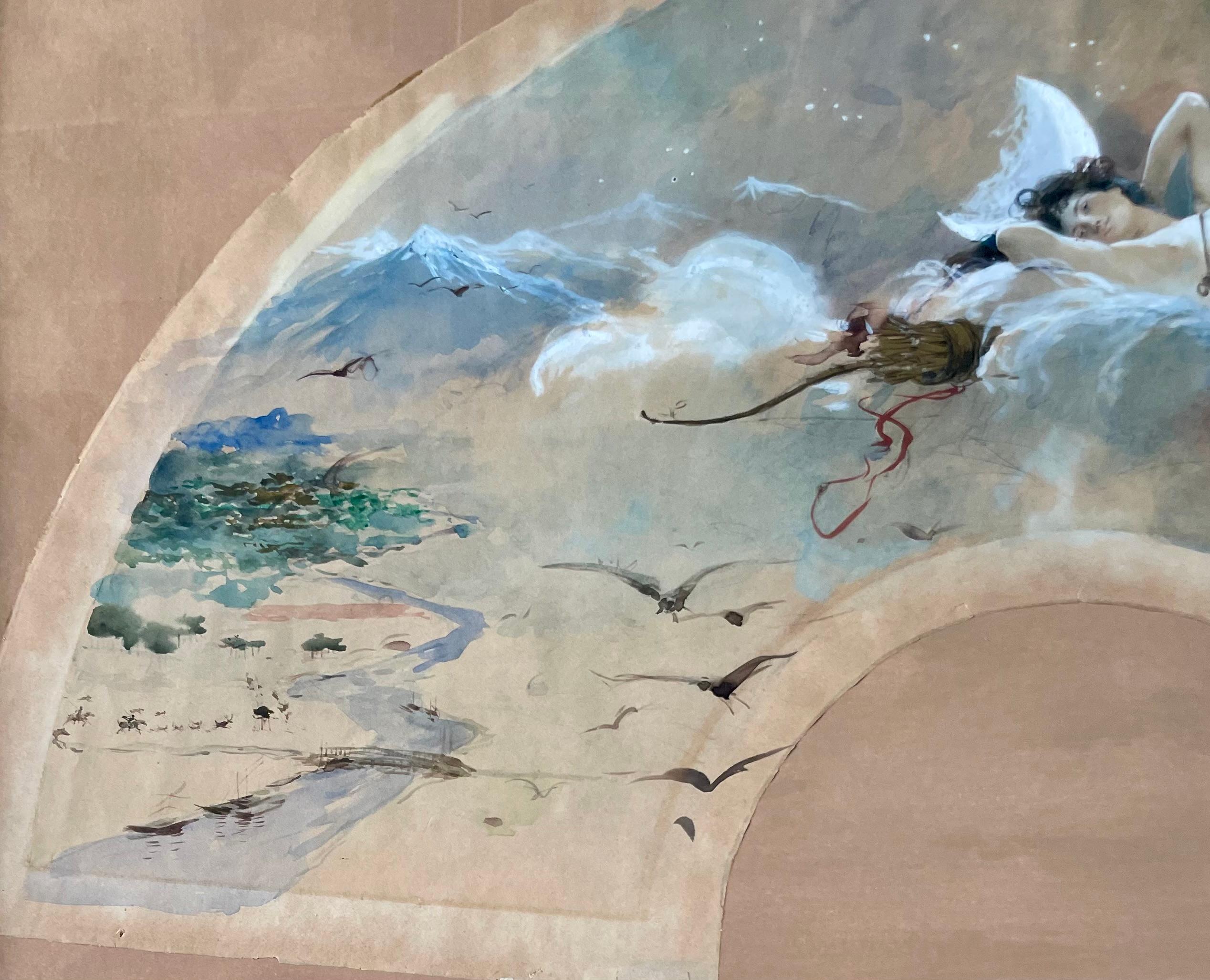 François FLAMENG
Paris 1856 - 1923

Diana the Huntress floating in the clouds, fan project
1893
Watercolor and gouache on wove paper
Signed and dated lower right
25 x 70 cm sheet (length measured on the shortest central part)
50 x 81 cm