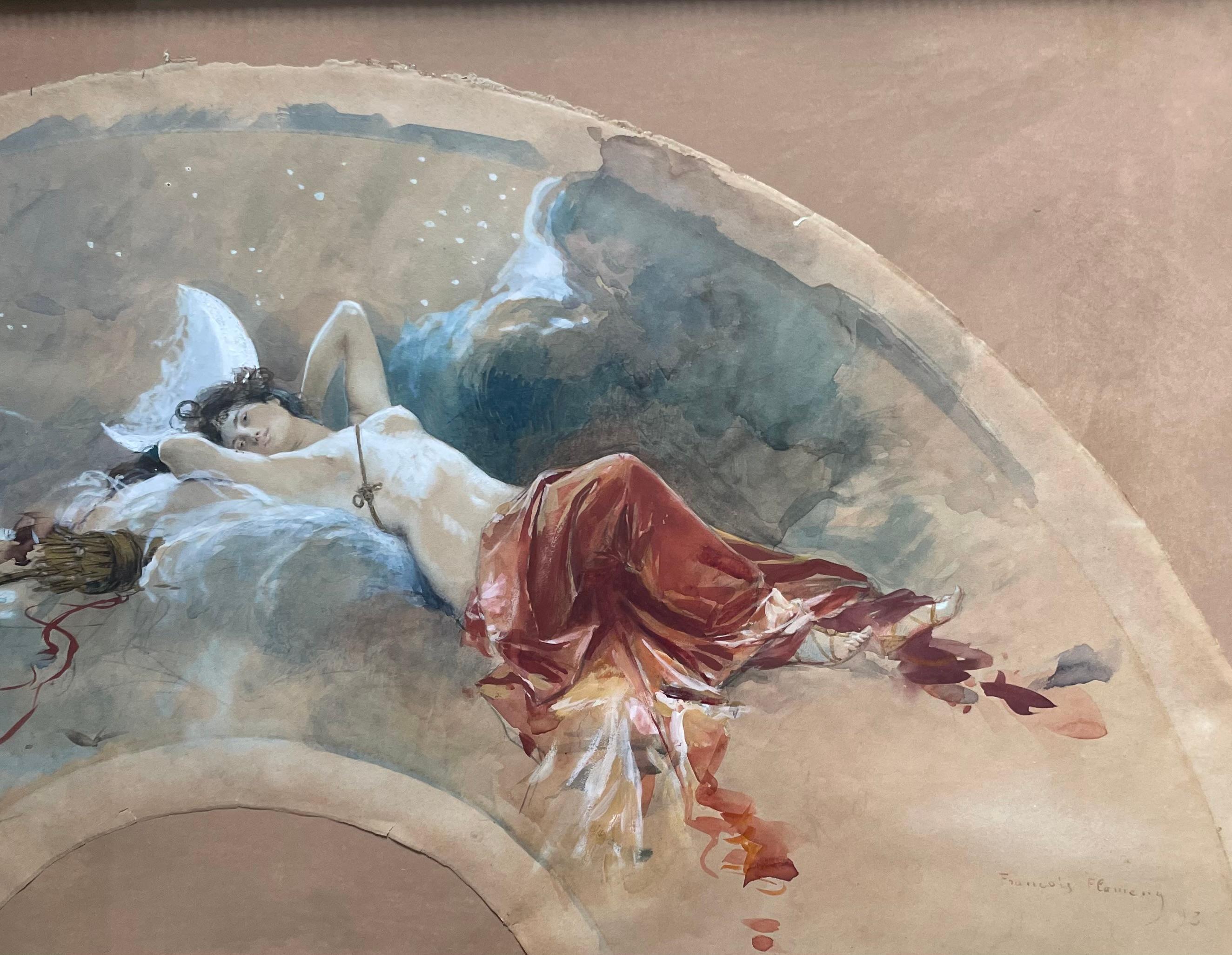 Hand Fan Project With The Goddess Diana The Huntress floating in the clouds For Sale 9