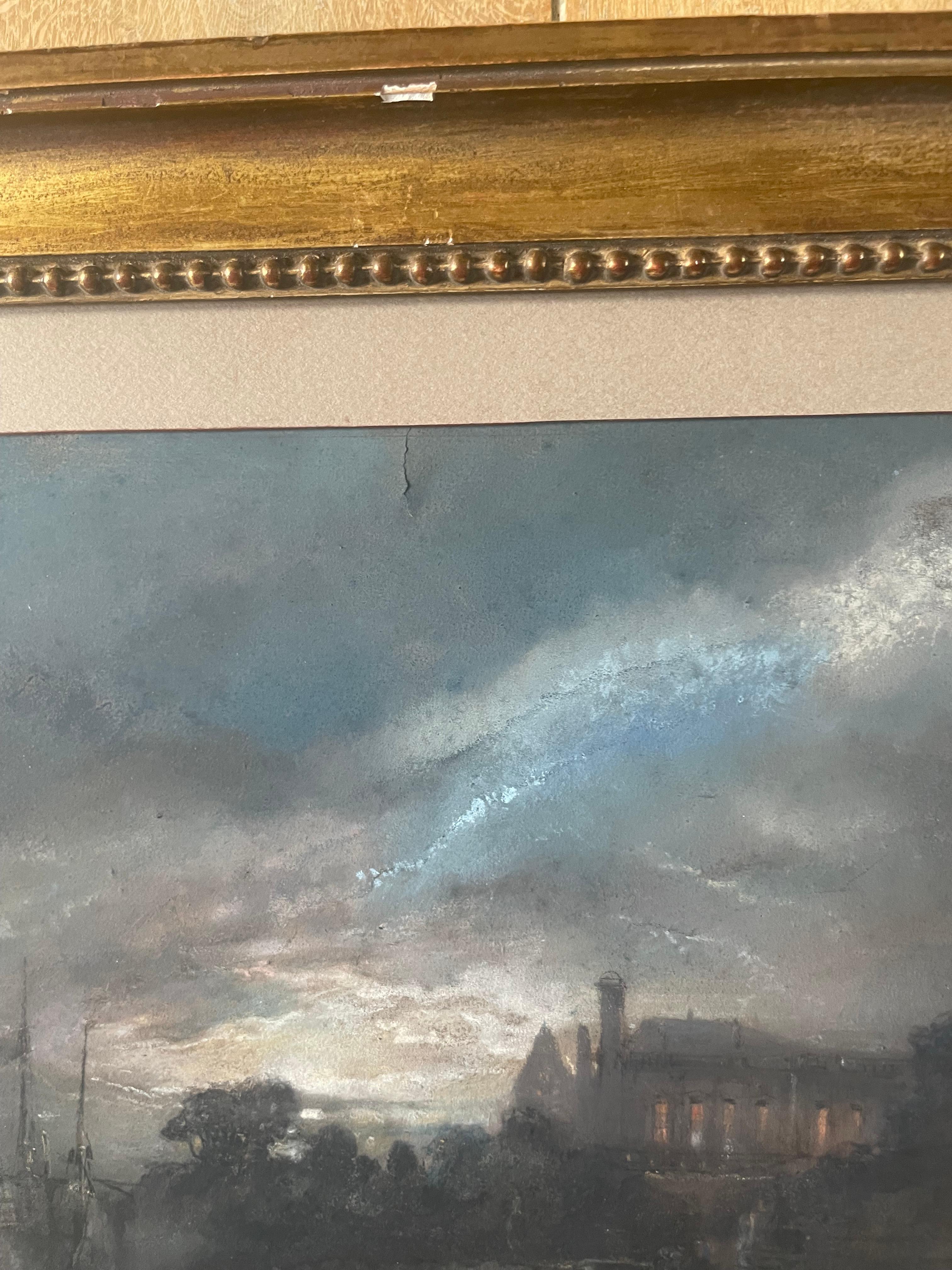 Paesaggio romantico, Veduta di un palazzo immaginario in riva al mare, Pastello, Firmato - Art Romantico di Camille Roqueplan