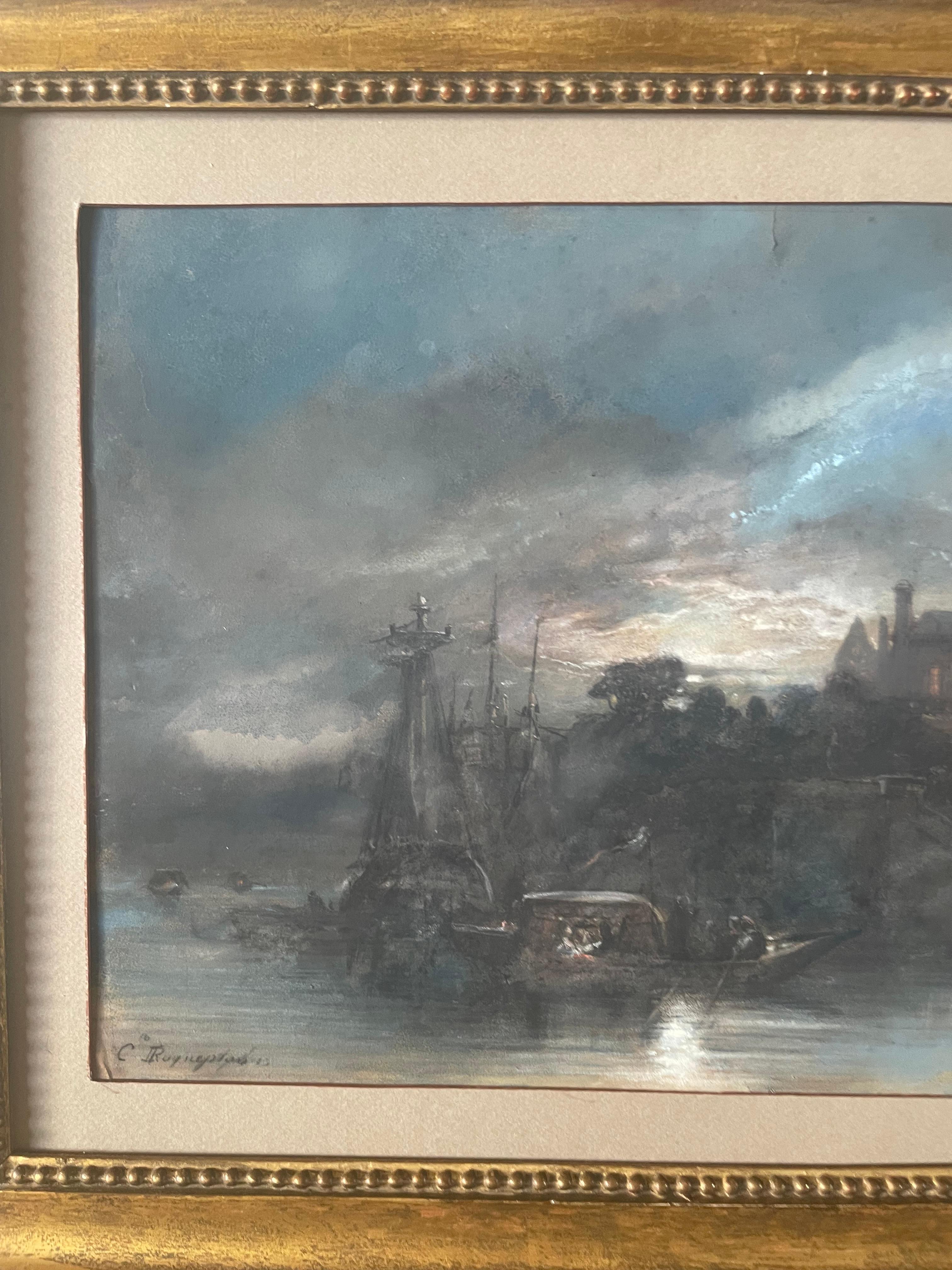 Paesaggio romantico, Veduta di un palazzo immaginario in riva al mare, Pastello, Firmato - Landscape Art Grigio di Camille Roqueplan