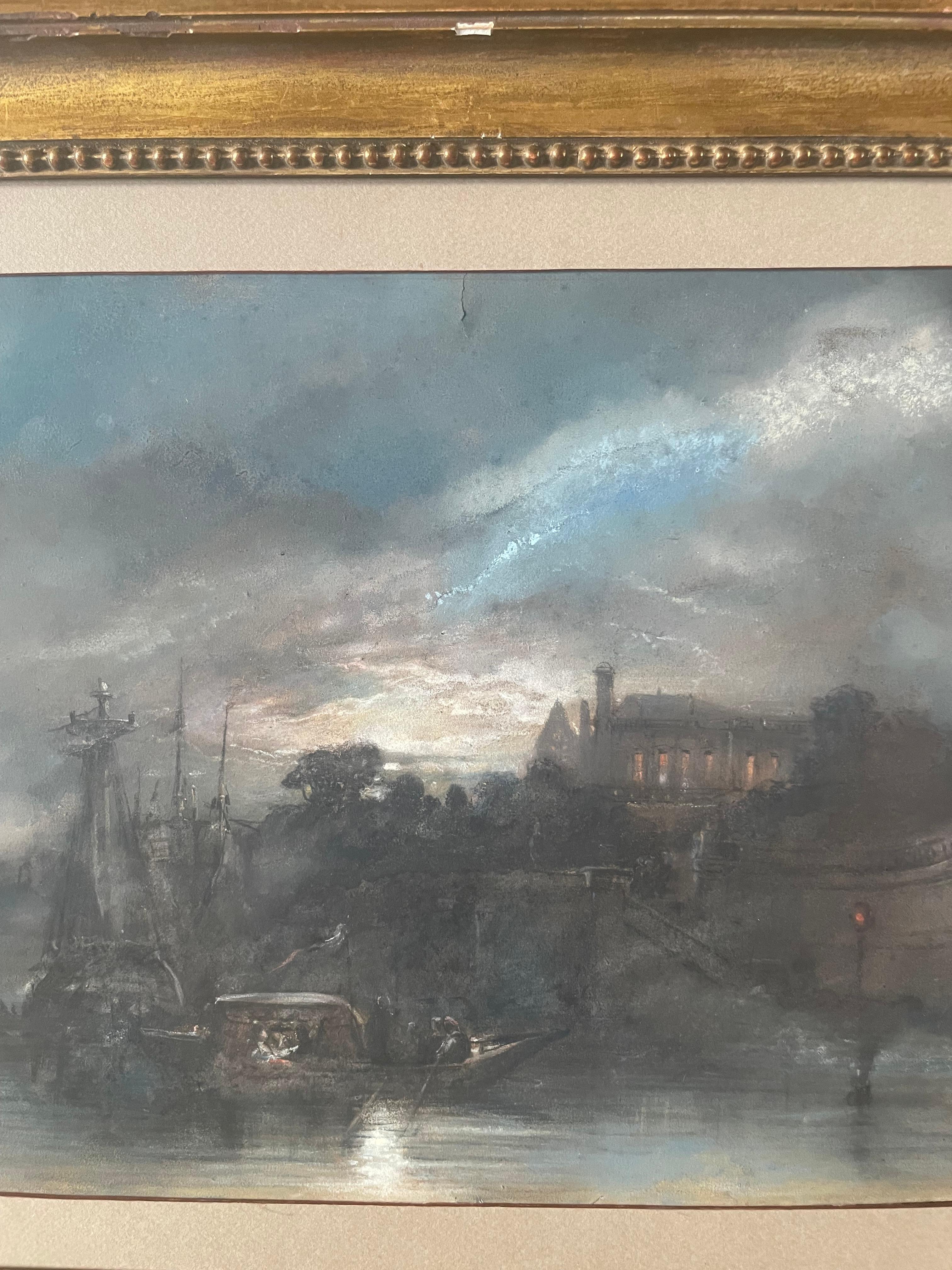 Paesaggio romantico, Veduta di un palazzo immaginario in riva al mare, Pastello, Firmato in vendita 1