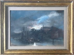 Romantische Landschaft, Ansicht eines imaginären Palastes am Wasser, Pastell, signiert