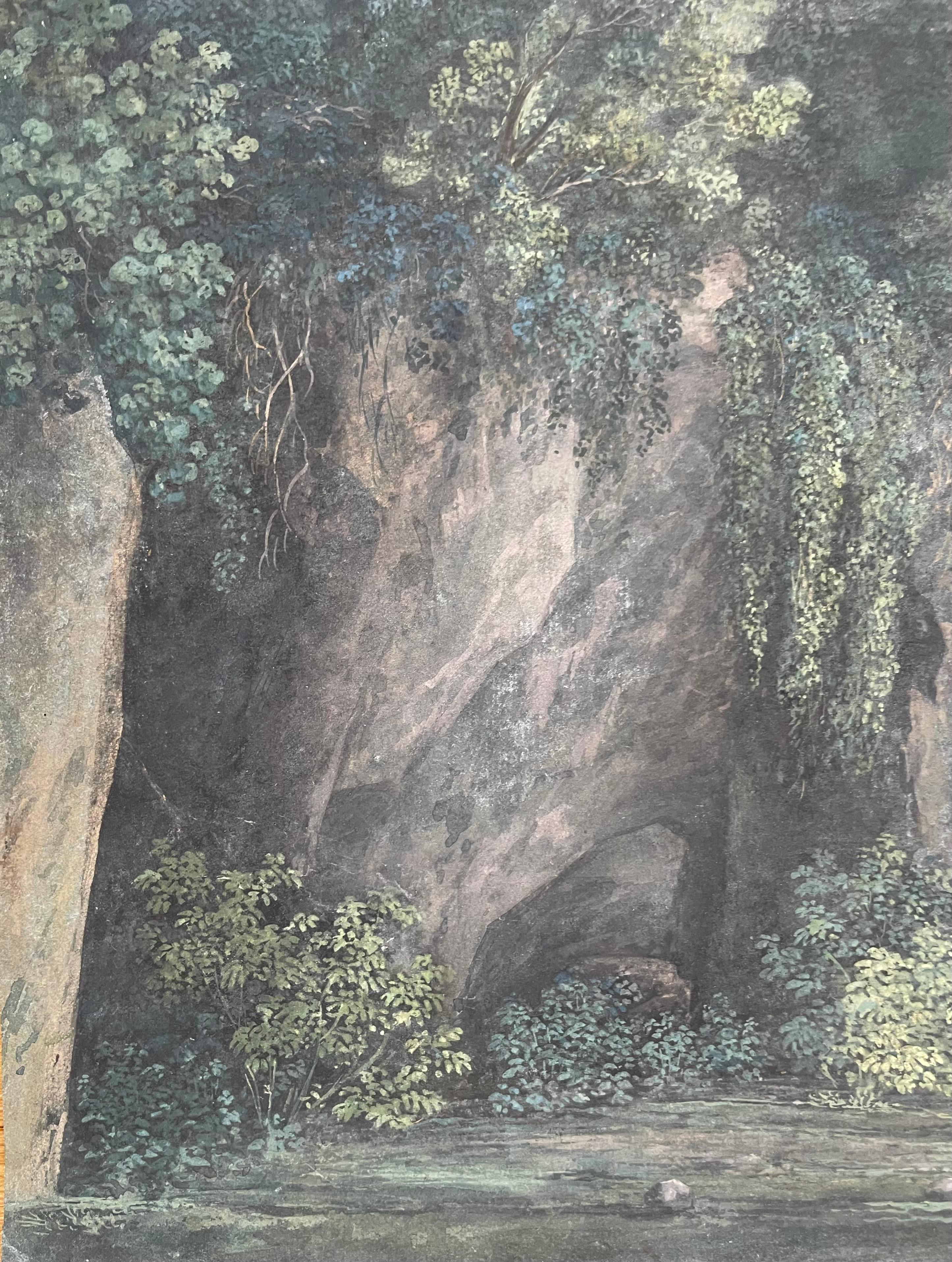 Peter Birmann 
Basel  1758 - 1844 

The Vicovaro grotto 
Gouache on blue paper 
29 x 47cm 
Provenance: Kasimir Hagen, Cologne, his stamp (Lugt 4795) on verso
Exhibition: Europaïsche Zeichnungen zut Zeit Goethes, Goethe Museum, Düsseldorf, 2005, no.