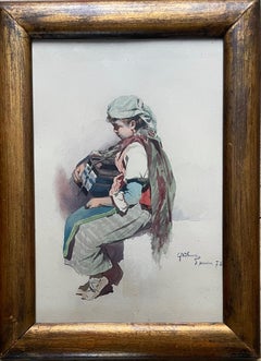 Gypsy Girl with Accordion Watercolor Signed, dated 1878, and located Menton