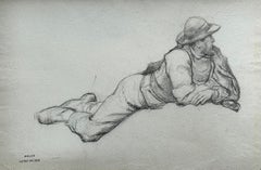 Study of a Reclining Man, Black Chalk Drawing, Framed, Circa 1870