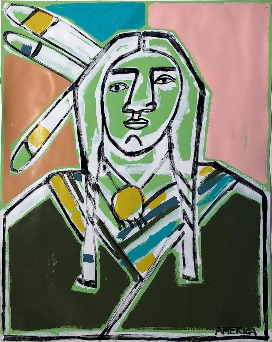 Three Feathers, America Martin-Figurative, Native American Portrait- Pink &Green 1