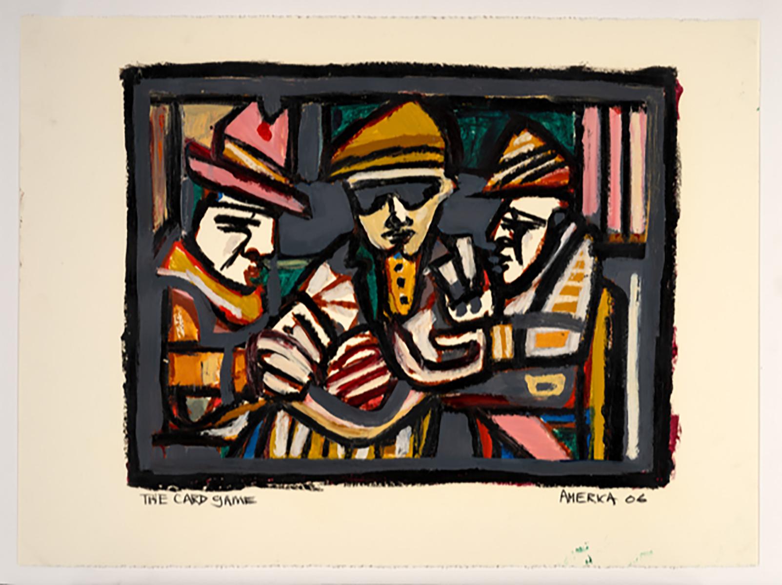 The Card Players_America Martin_Oil Pastel/Acrylic/Cotton Paper_Figurative For Sale 1