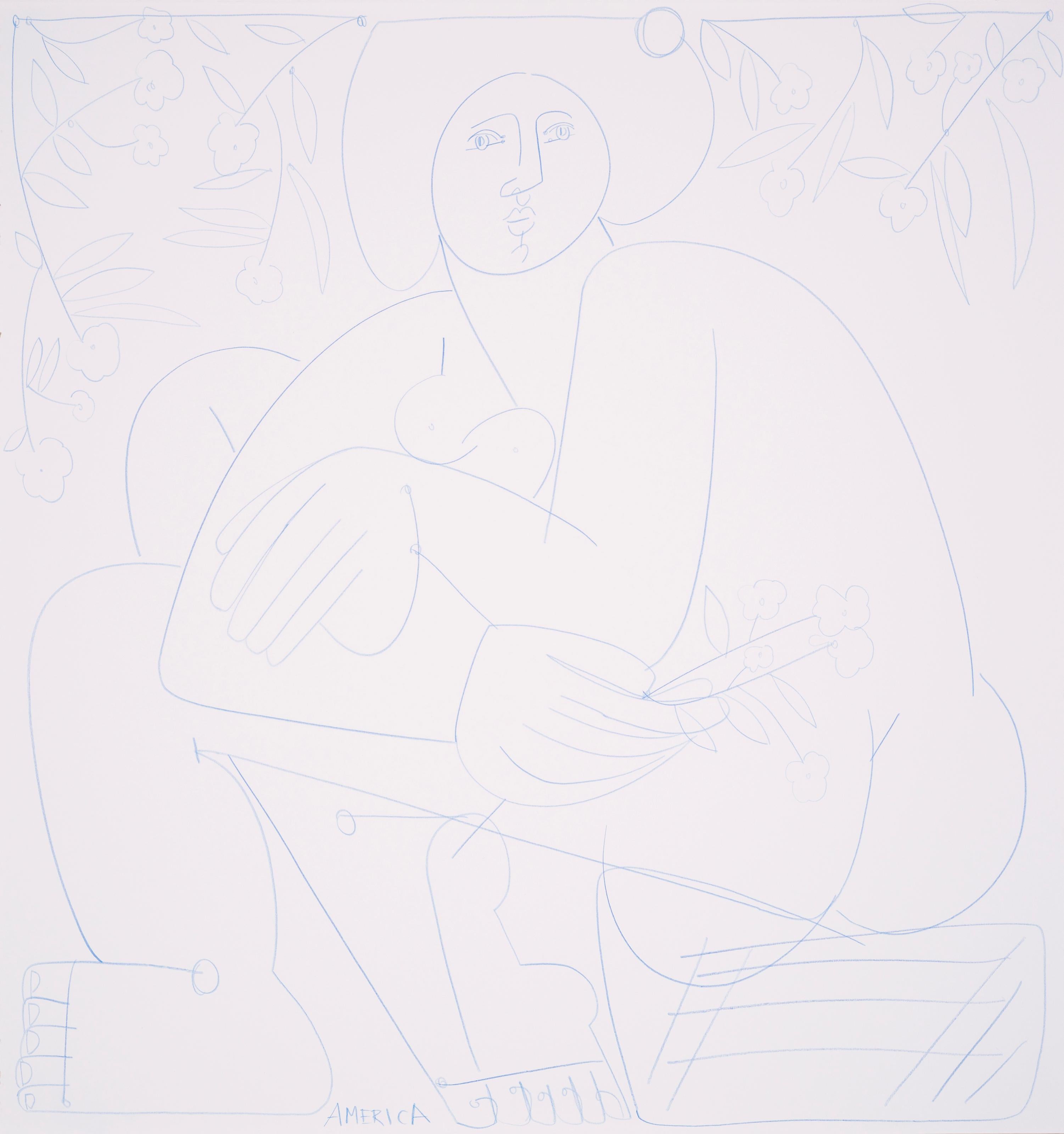 Woman Sits and Looks About_America Martin_Blue Chalk on Paper_Figurative