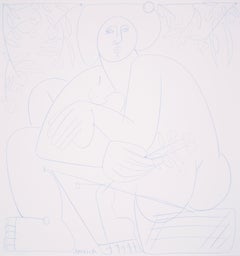 Woman Sits and Looks About_America Martin_Blue Chalk on Paper_Figurative