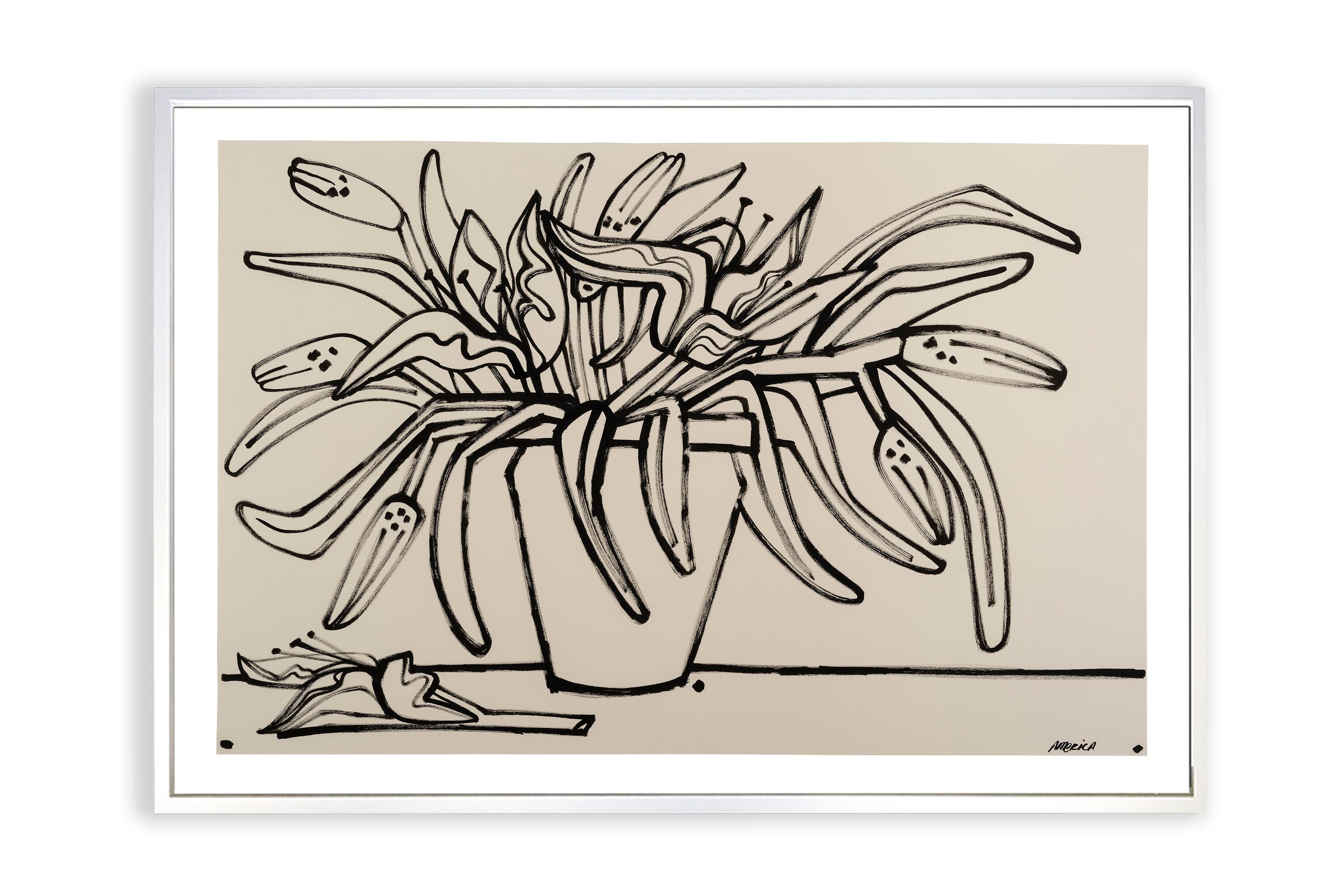 Lillies in Tontopf_America Martin_Tinte auf Papier_Floral/Stillleben_Schwarz + Weiß