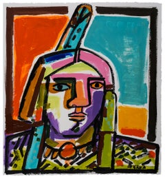 One Feather_America Martin_Ink/Oil on Paper_Figurative/Native American Portrait