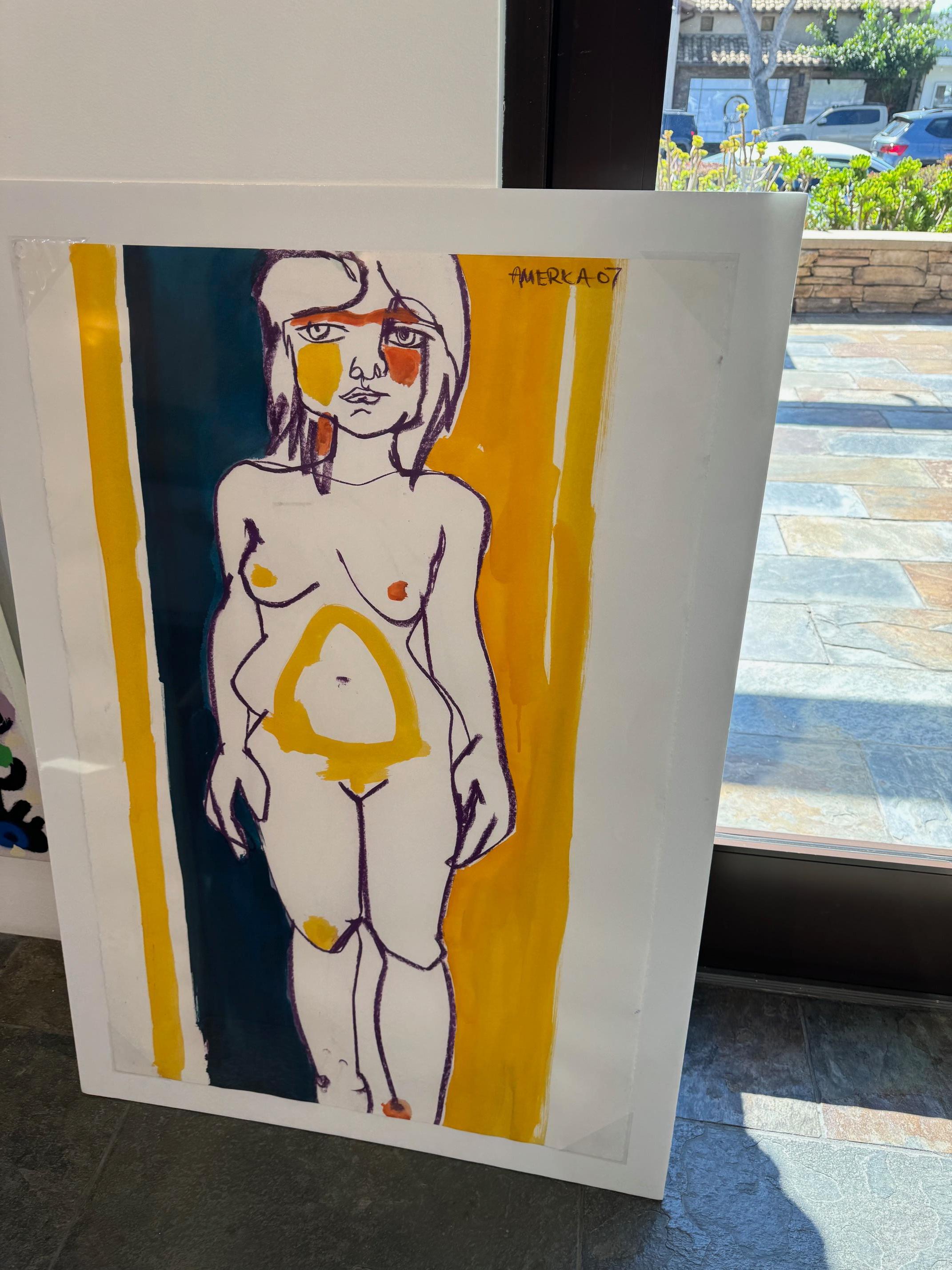 Portrait de femme nue, femme en violet, jaune et bleu par America Martin en vente 1