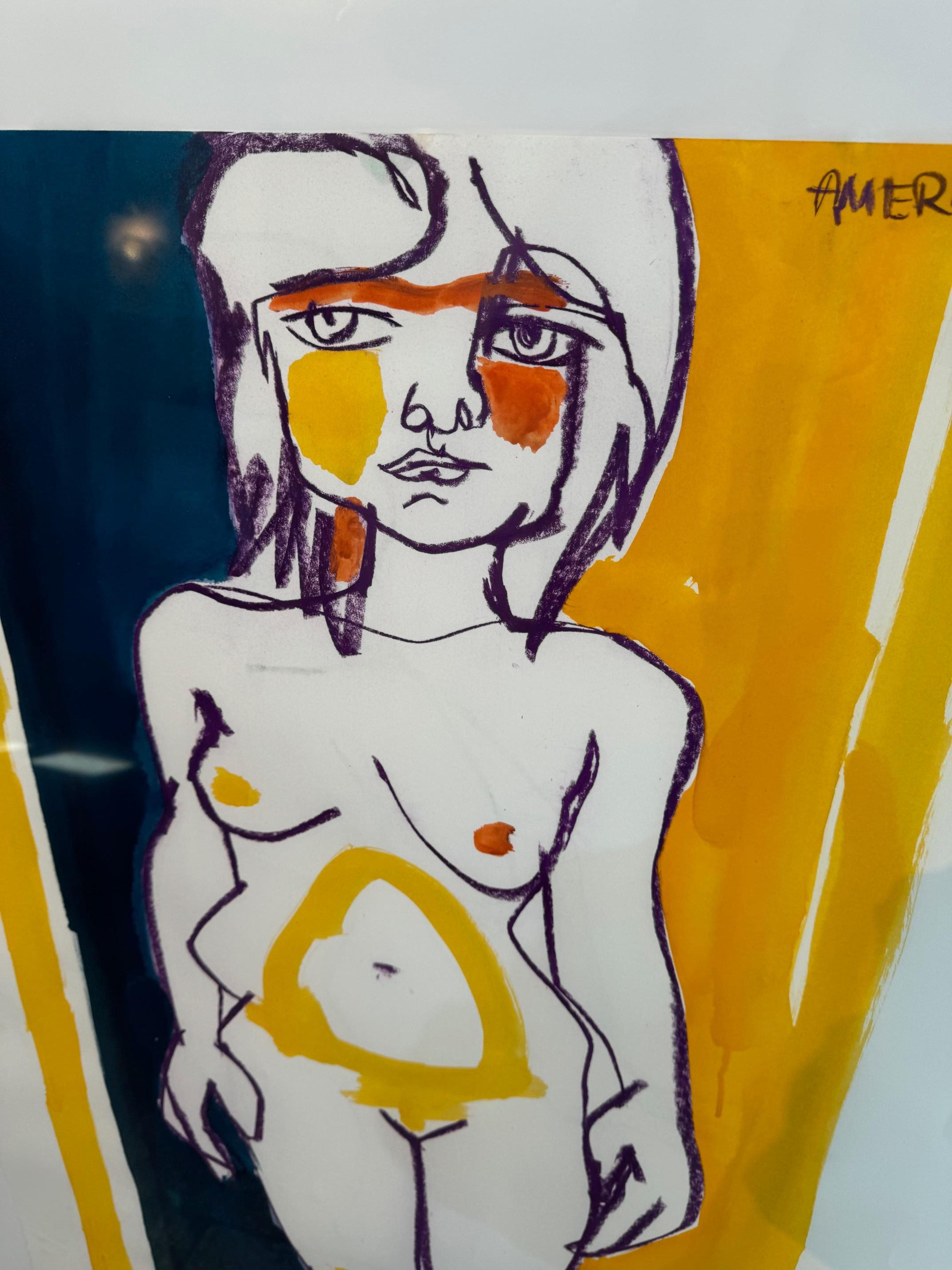 Portrait de femme nue, femme en violet, jaune et bleu par America Martin en vente 2