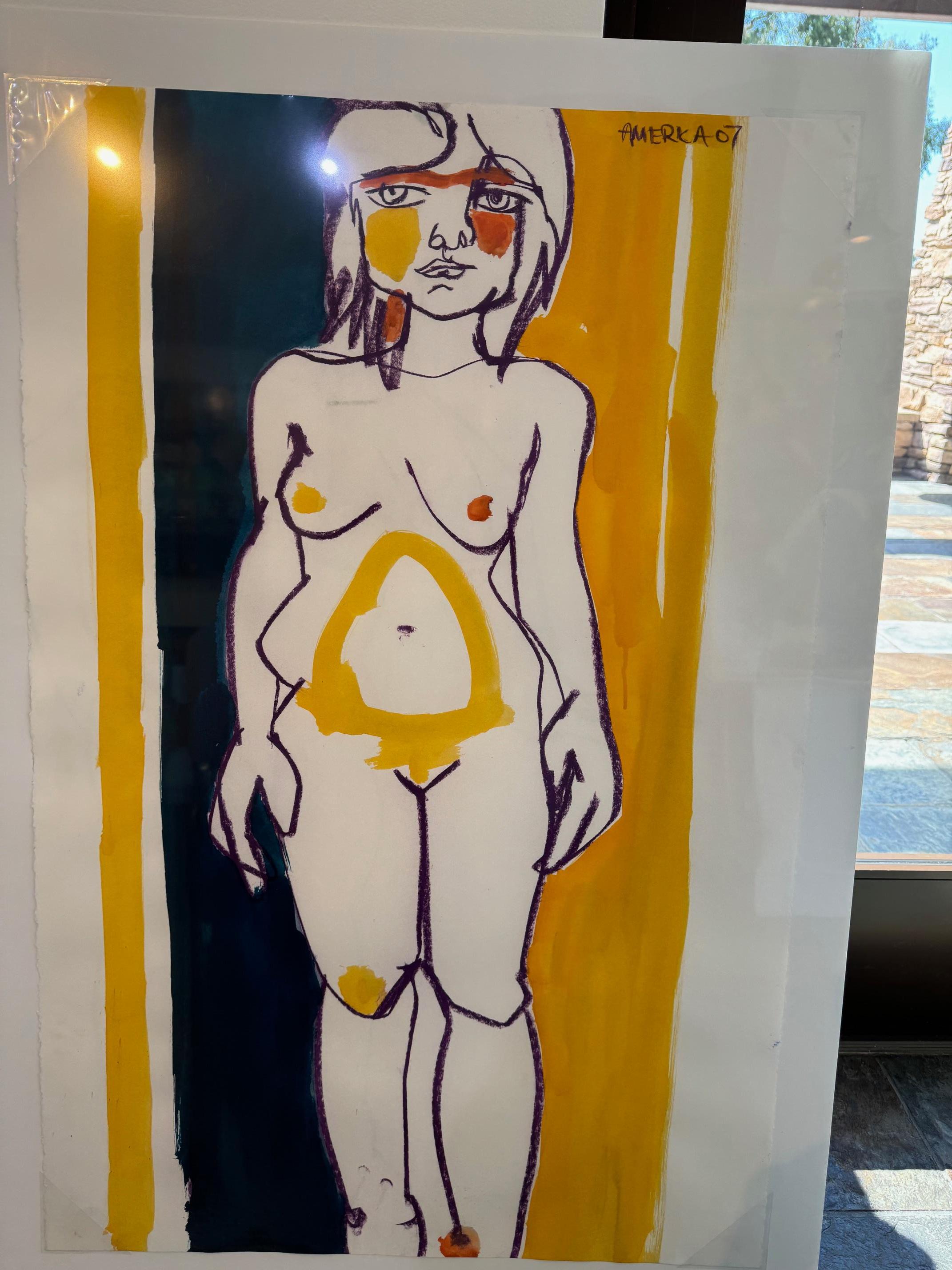 Portrait de femme nue, femme en violet, jaune et bleu par America Martin en vente 4