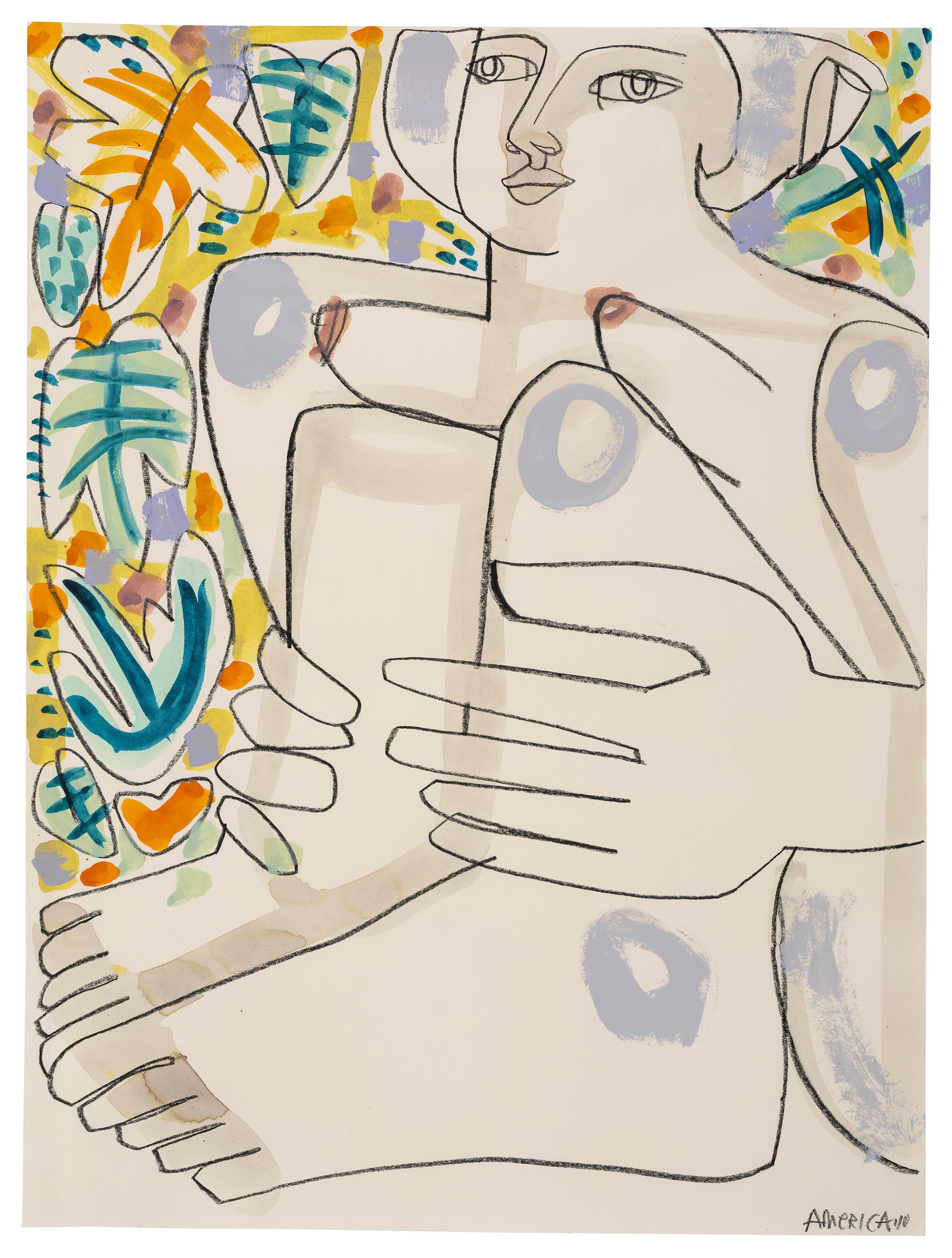 Porträt einer nackten weiblichen Figur auf Papier, Frau mit Knien hoch, von America Martin
