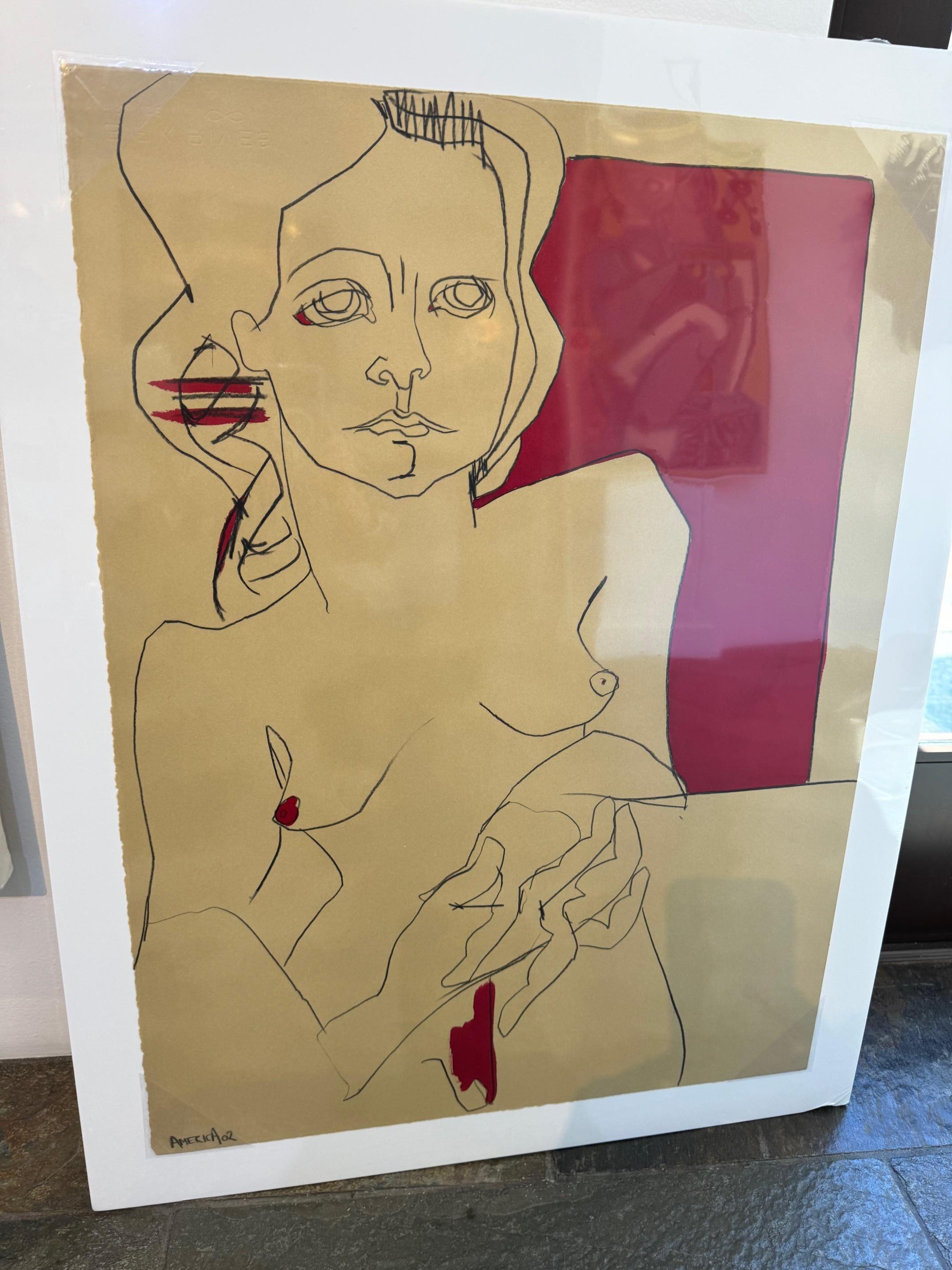 Ritratto di figura femminile su carta, Donna in beige e rosso di America Martin in vendita 1