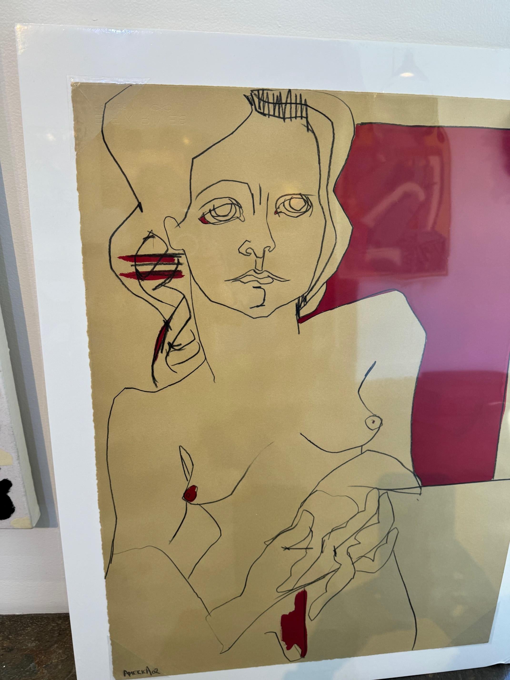 Ritratto di figura femminile su carta, Donna in beige e rosso di America Martin in vendita 2