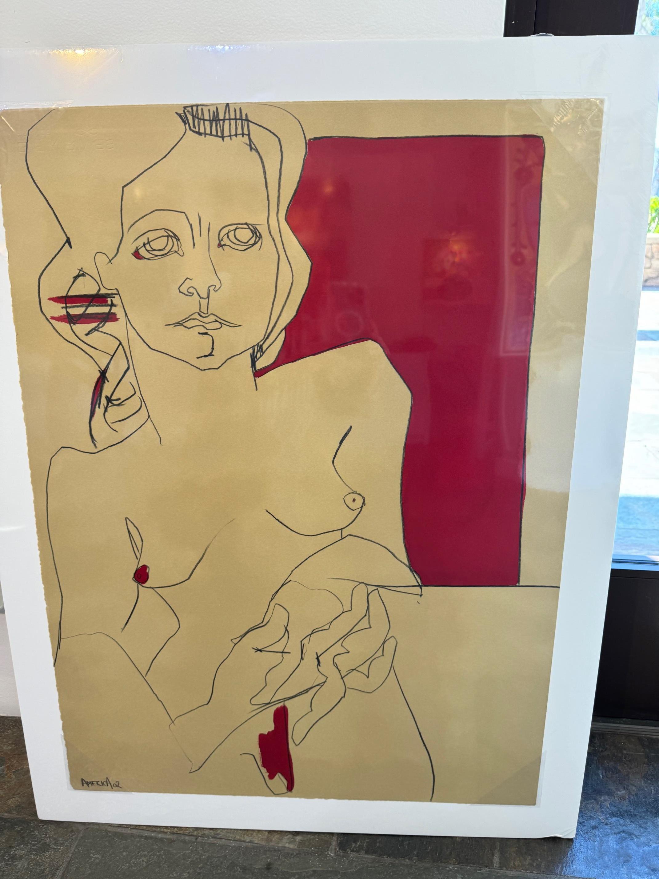 Ritratto di figura femminile su carta, Donna in beige e rosso di America Martin in vendita 3