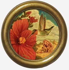 Une brise florale, Danny Galieote, huile sur toile, fleur et oiseau, Americana Pop