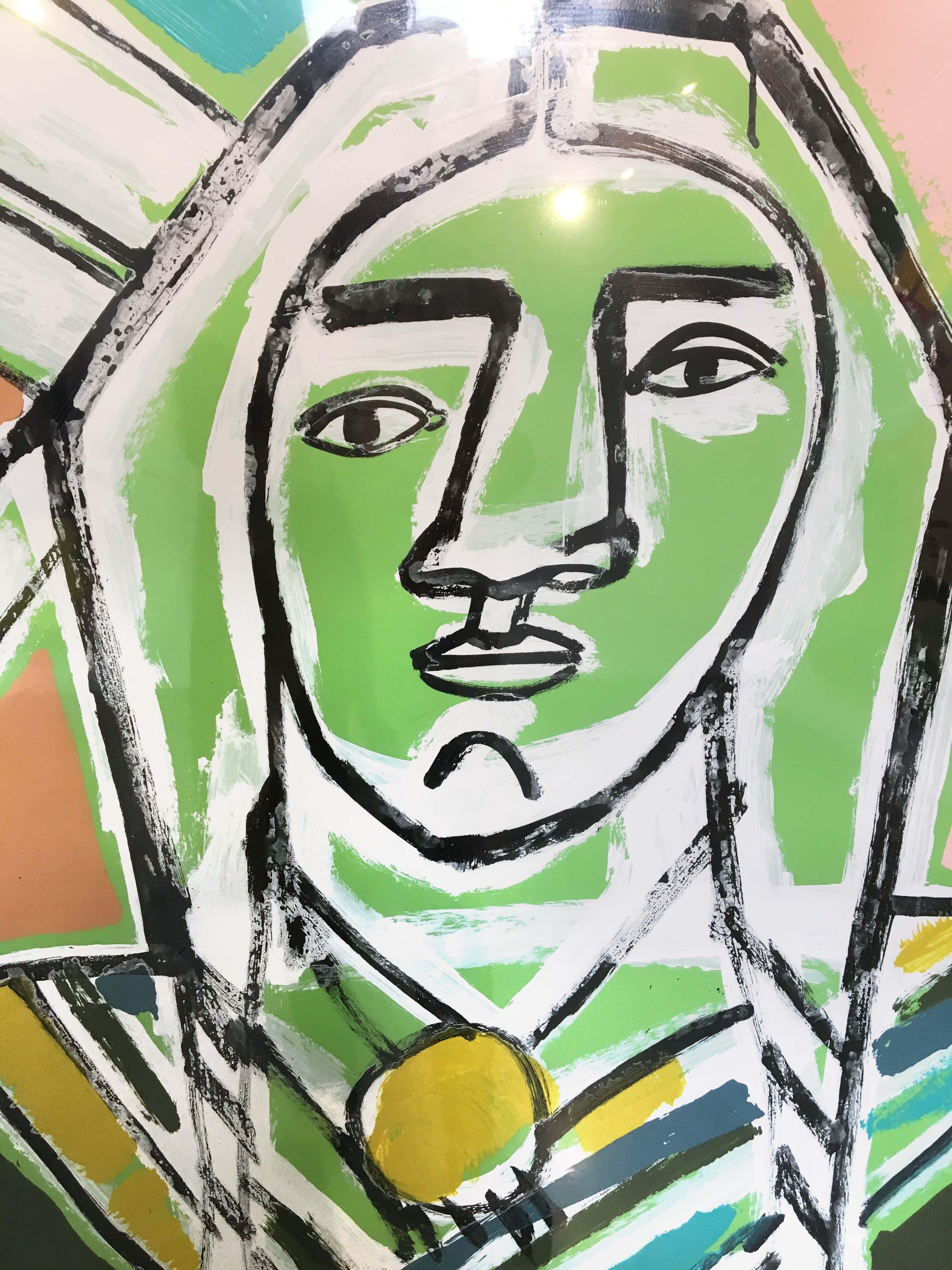 Three Feathers, America Martin-Figurative, Native American Portrait- Pink &Green 2