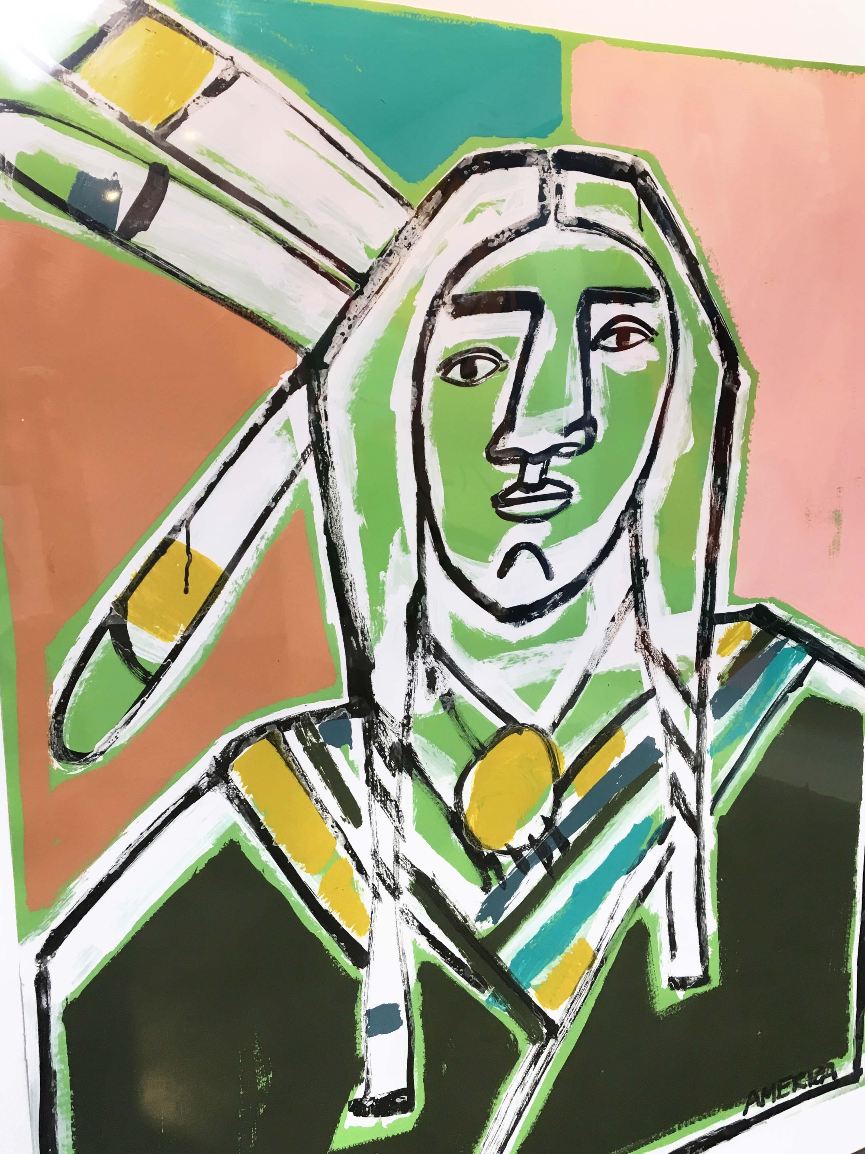 Three Feathers, America Martin-Figurative, Native American Portrait- Pink &Green 3