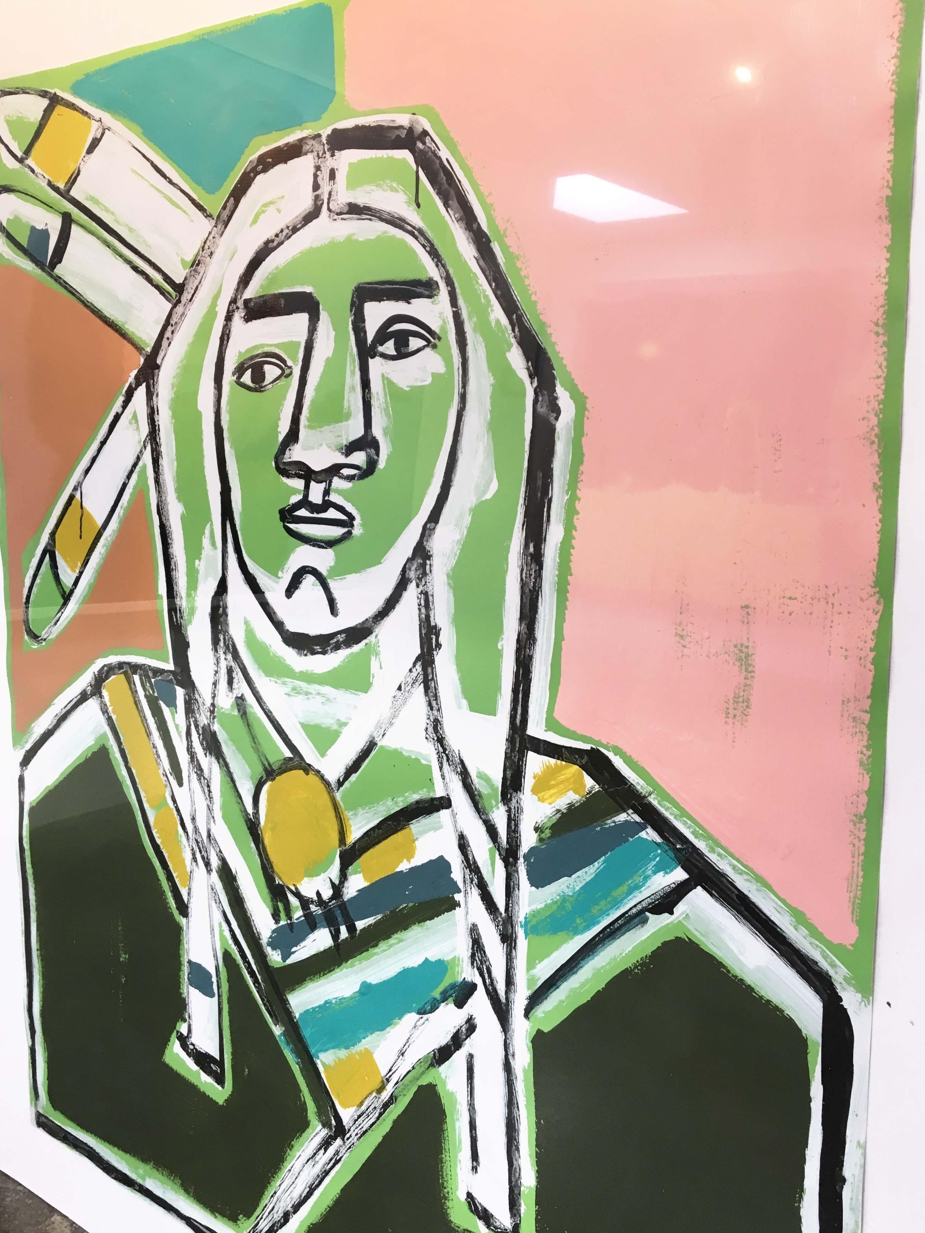 Three Feathers, America Martin-Figurative, Native American Portrait- Pink &Green 4