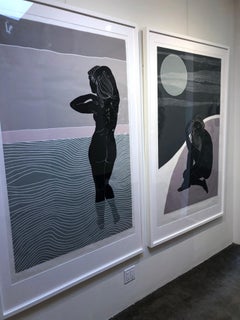 High Up in the Moonlight, Ellen Von Wiegand (Nude Female Linocut) Figurative