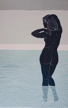 Mujer figurativa_azul_desnuda_linocut_piel salada y cielo oscuro_Ellen Von Wiegand
