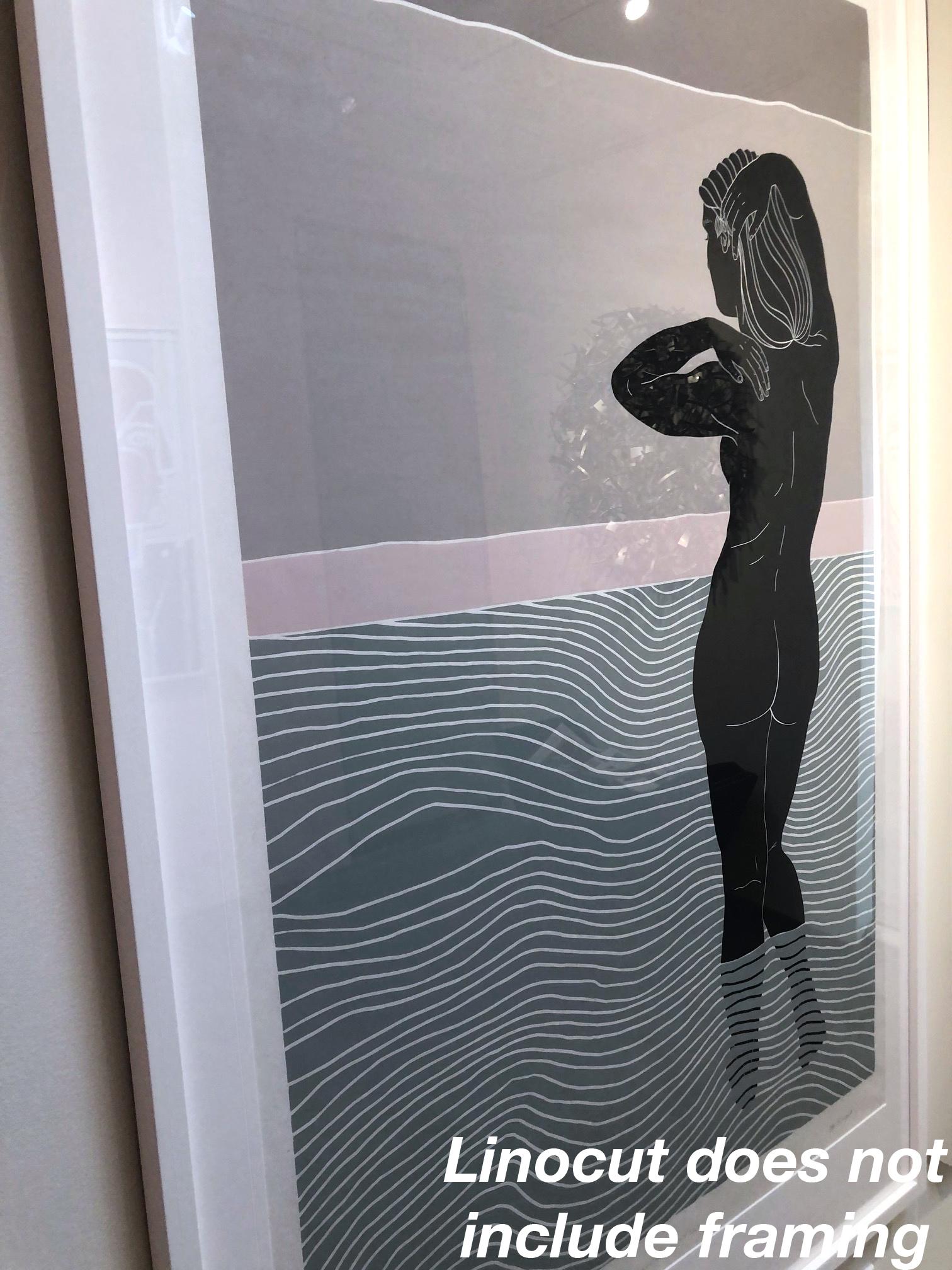 Ellen Von Wiegand’s body of work reverberates with a quest for self-assurance and serenity as she uses her own nude body within her stylized prints. In a new series of large scale, limited edition linocuts now on view at JoAnne Artman Gallery’s