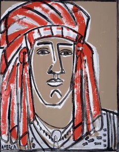 Red Headdress, America Martin- Native American Portrait-Figurative (Earth Tones)