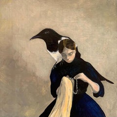 La Dame au Collier de Perles_Swan Scalabre:: Huile/Bois/Cadre en bois_Figuratif/Oiseau